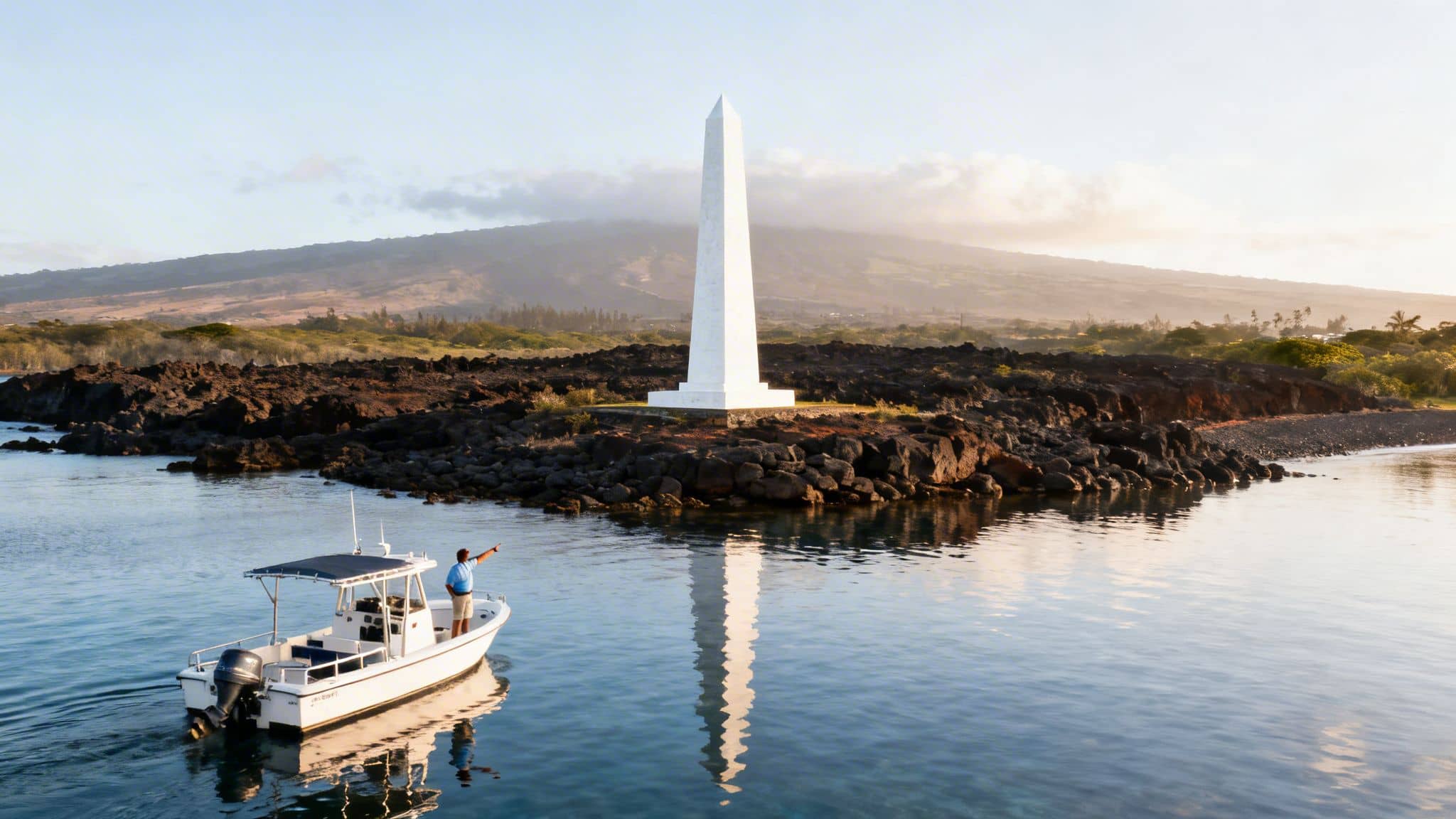 A man on a boat points towards a tall white obelisk on a volcanic shore.