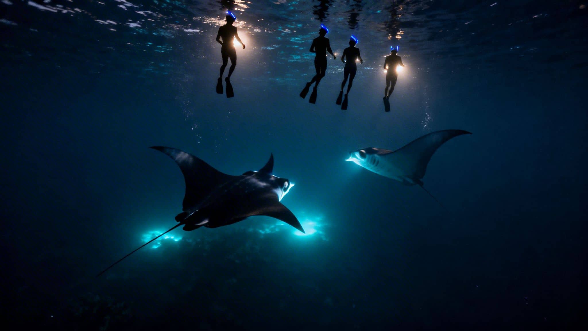 Four snorkelers watch two majestic manta rays gracefully swimming in the deep blue ocean, illuminated by lights.