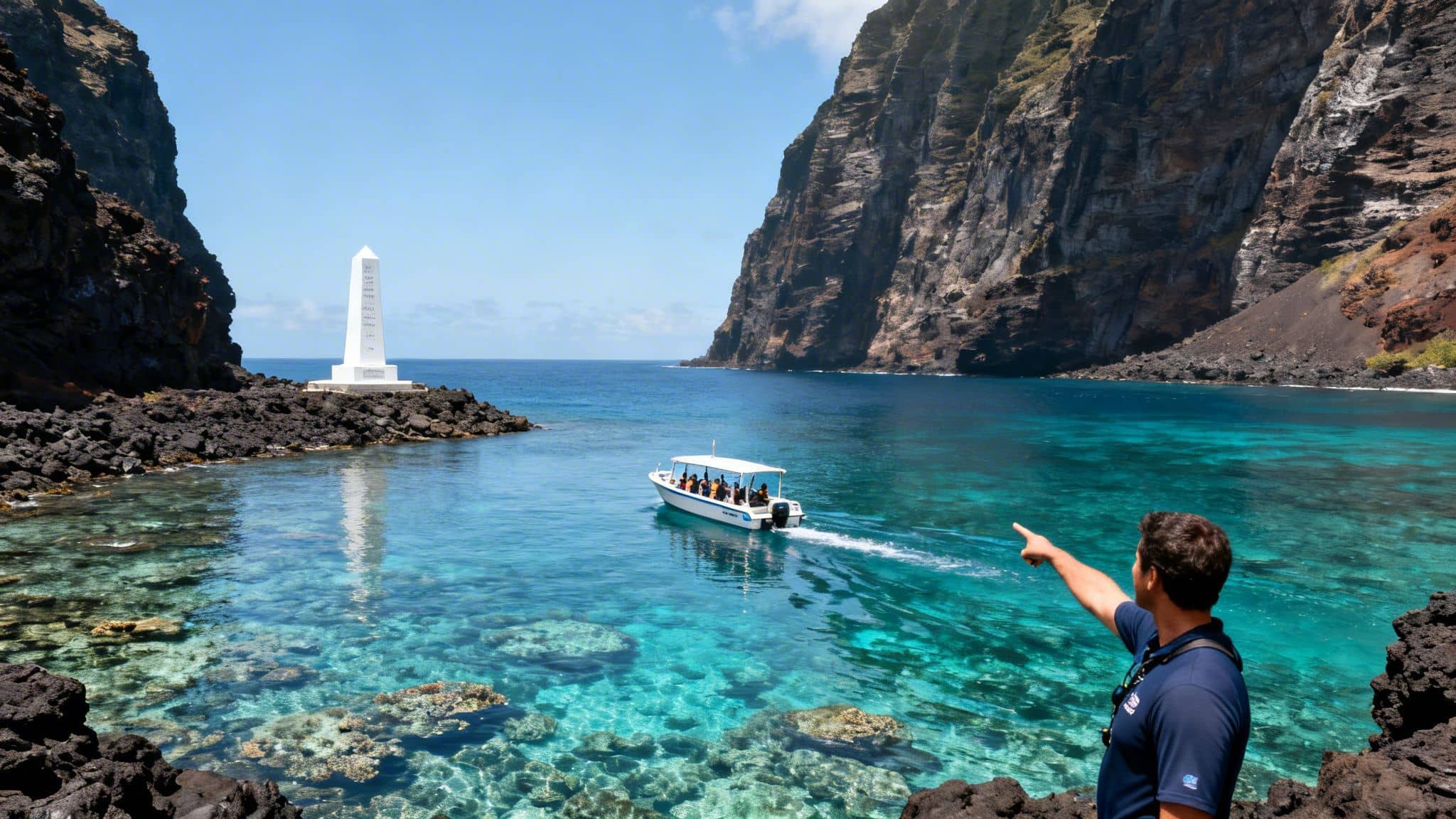 A man points to a clear blue bay with a boat, monument, and dramatic cliffs.