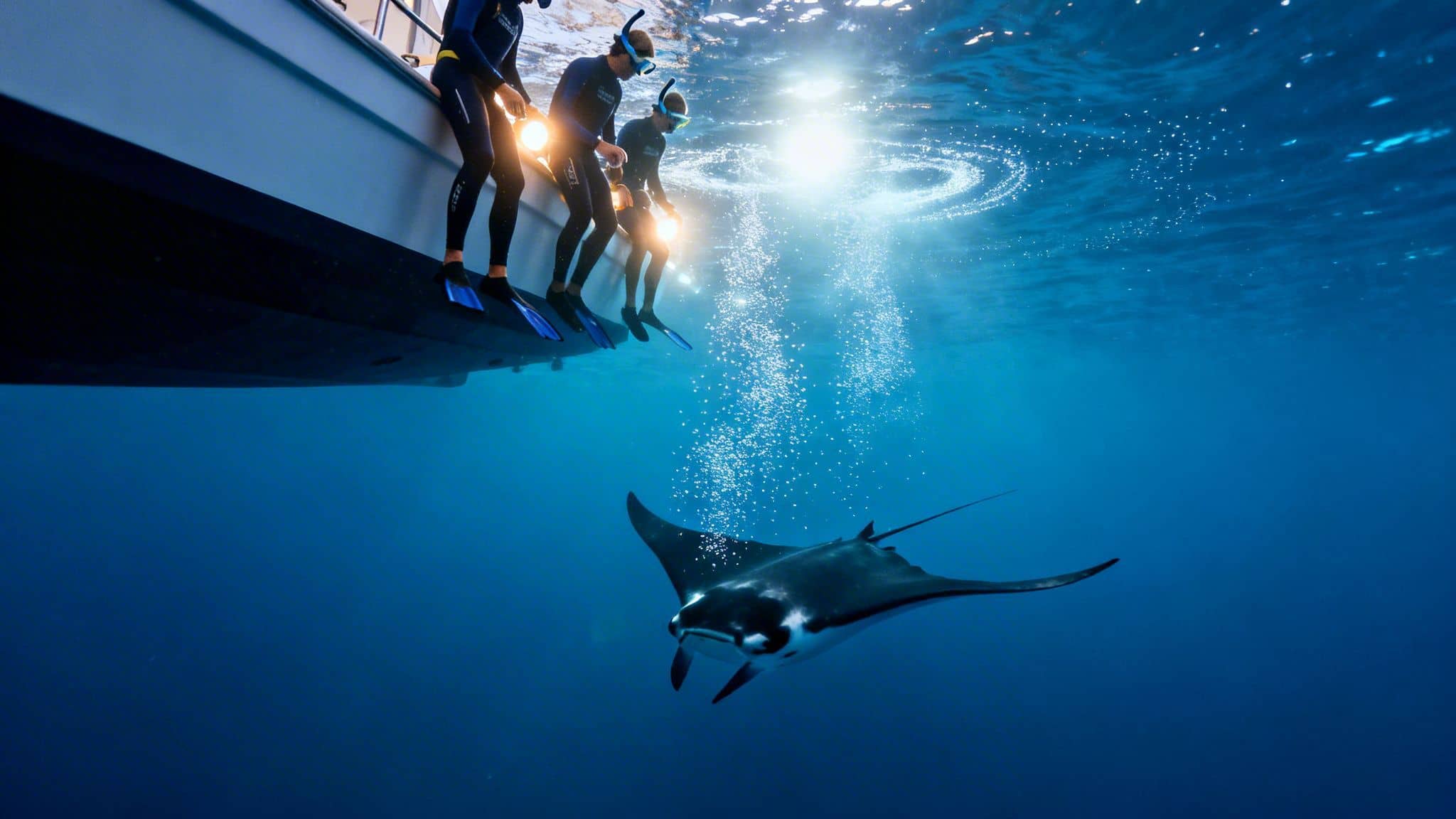 People with lights on a boat observe a majestic manta ray in clear blue ocean.