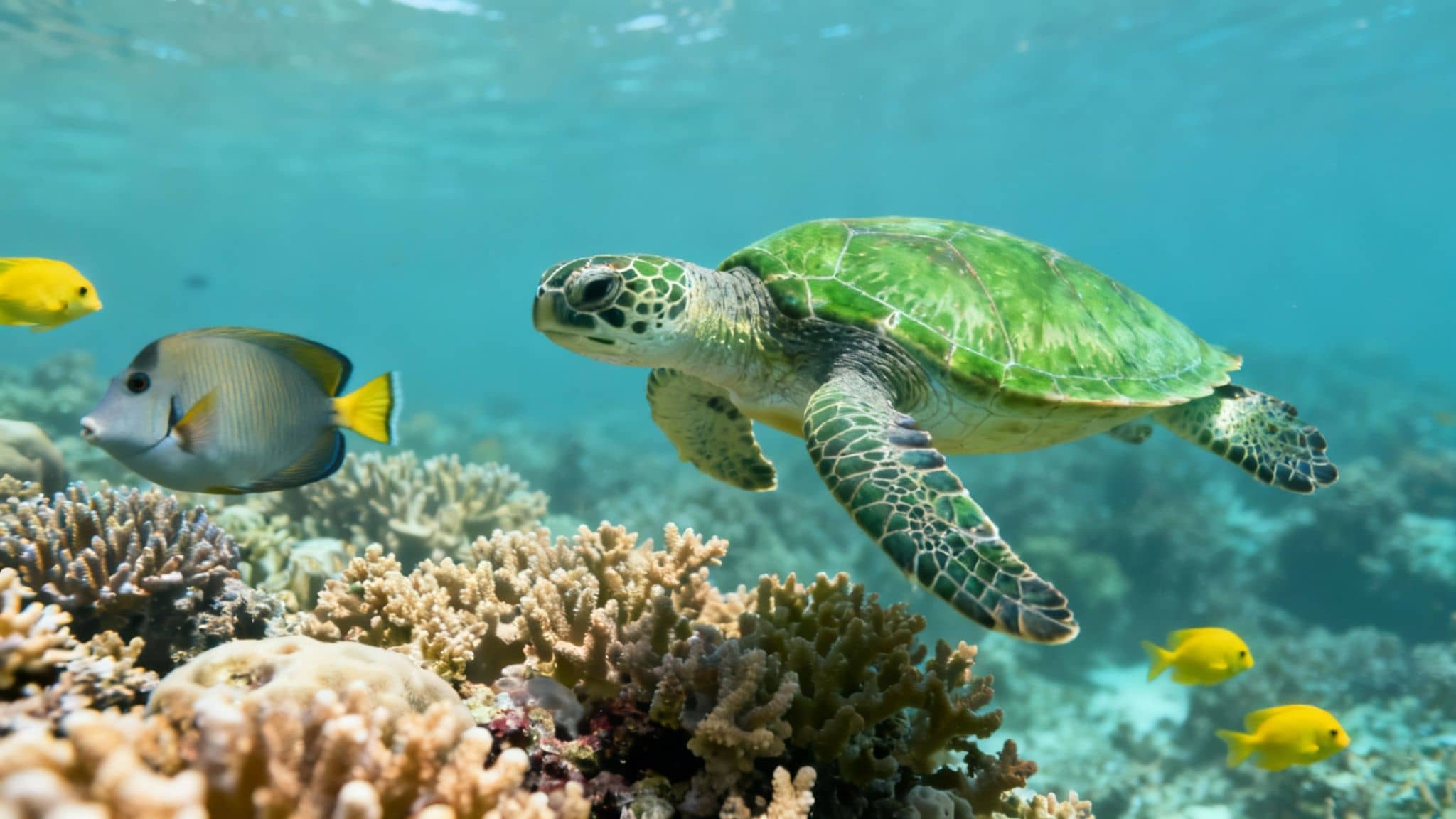 A majestic green sea turtle glides over a vibrant coral reef, accompanied by schooling tropical fish.