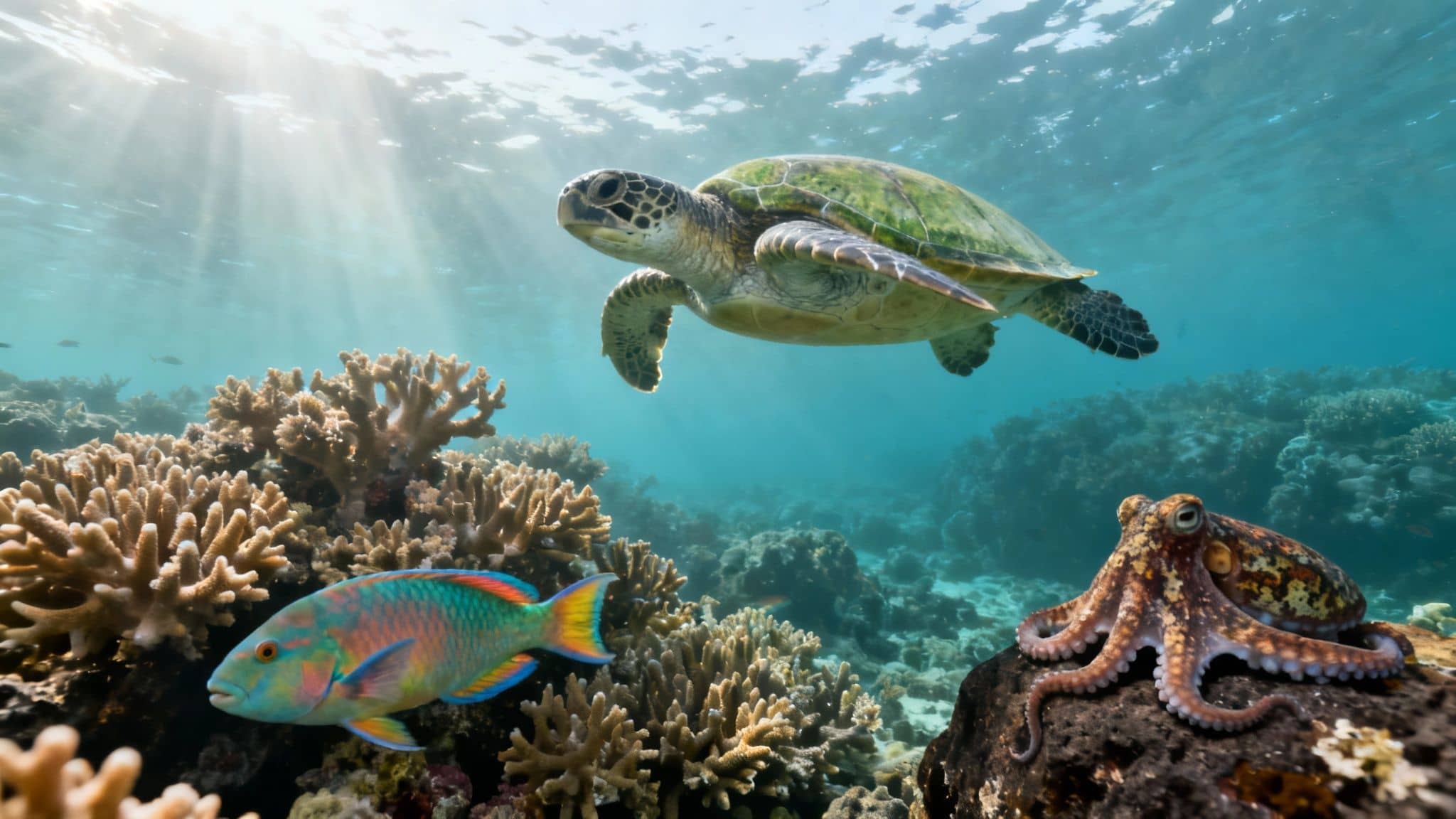 A vibrant underwater scene with a sea turtle, colorful parrotfish, and an octopus on coral.