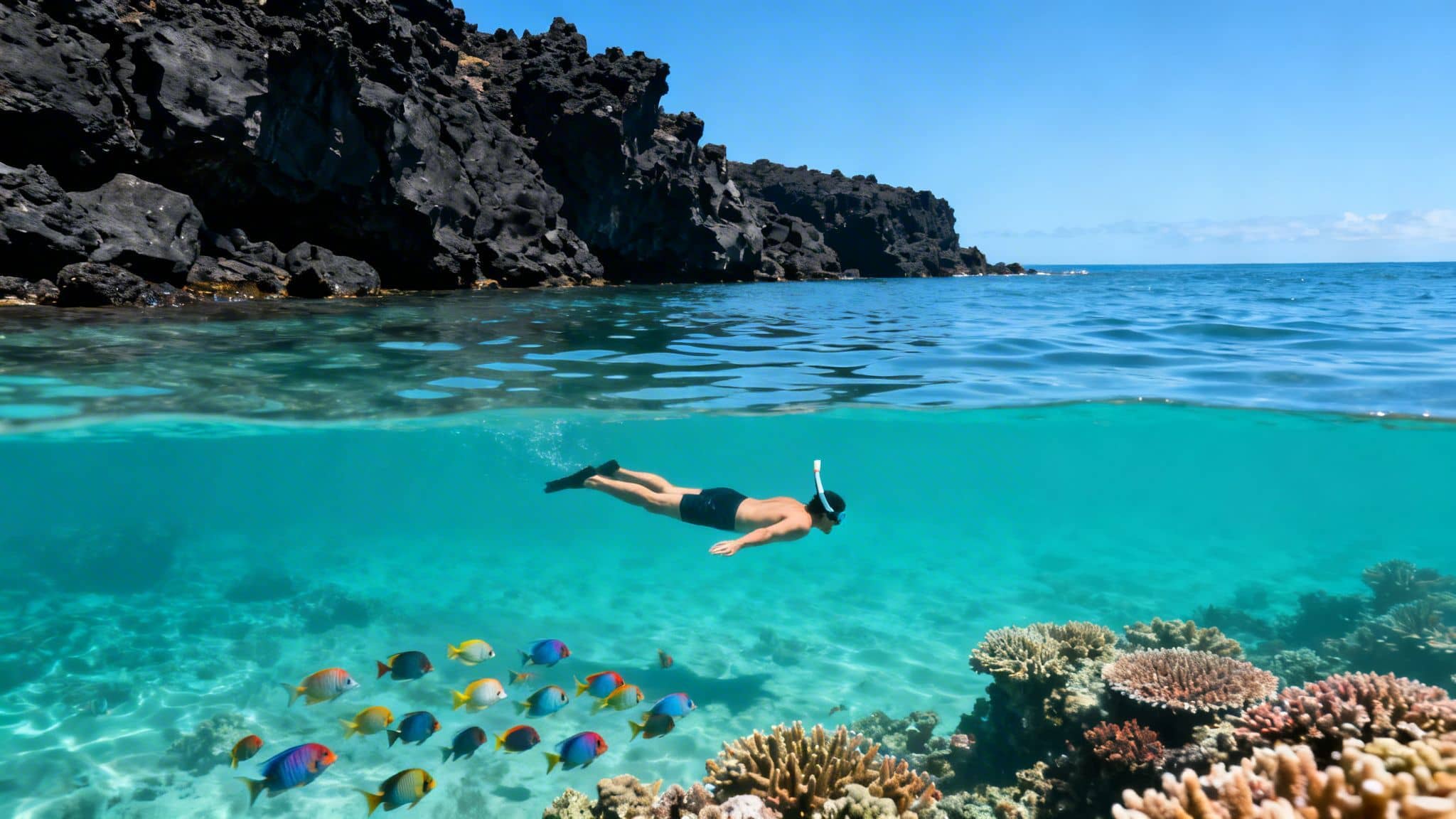 Split-level view of a man snorkeling with colorful fish and coral reef near black volcanic cliffs.