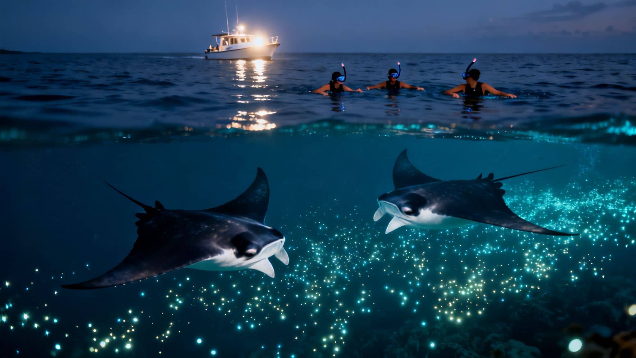 Three snorkelers observe two majestic manta rays swimming in bioluminescent waters at night near a boat.