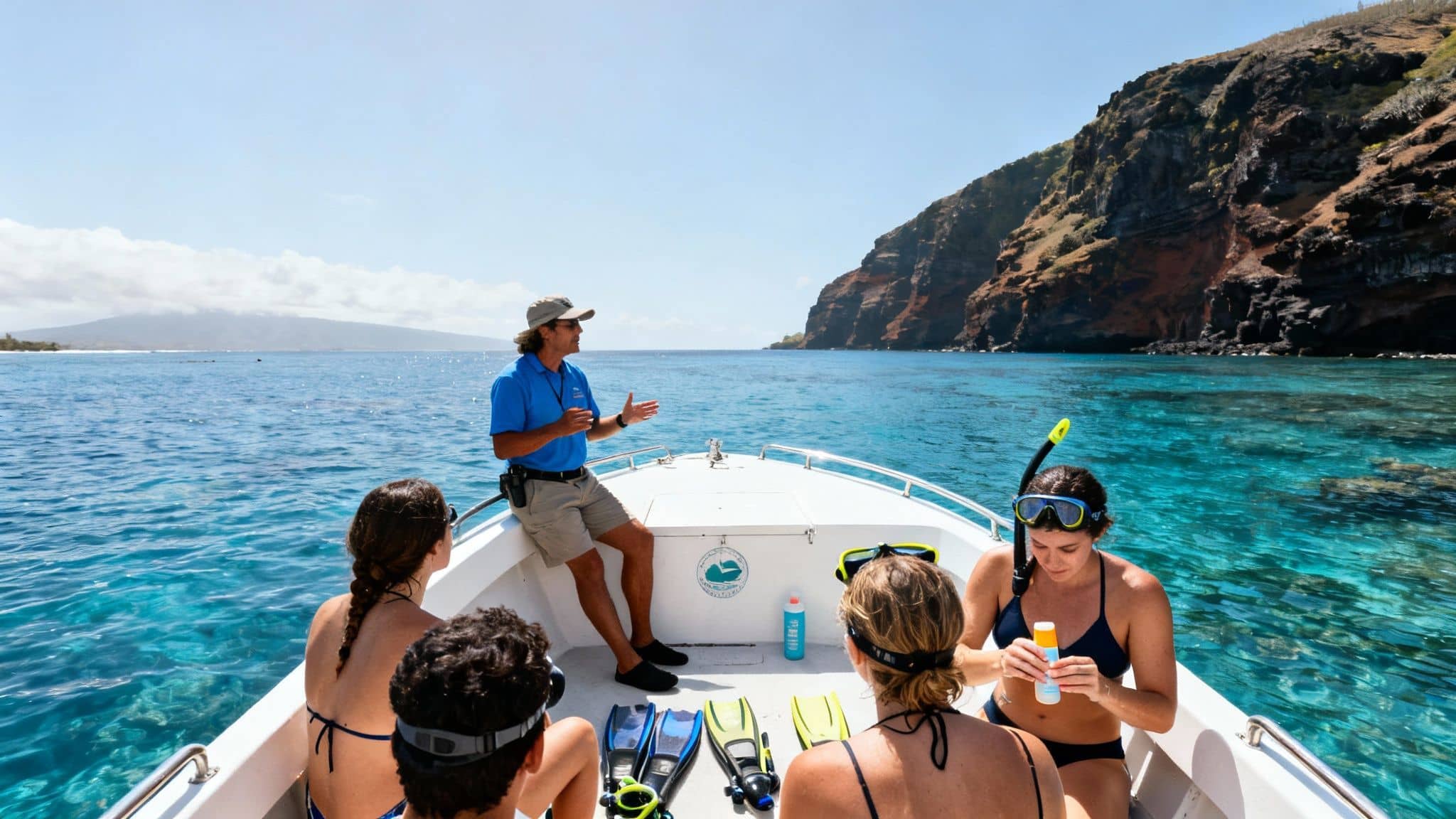 A boat guide talks to snorkelers in clear blue water near a scenic coastline.