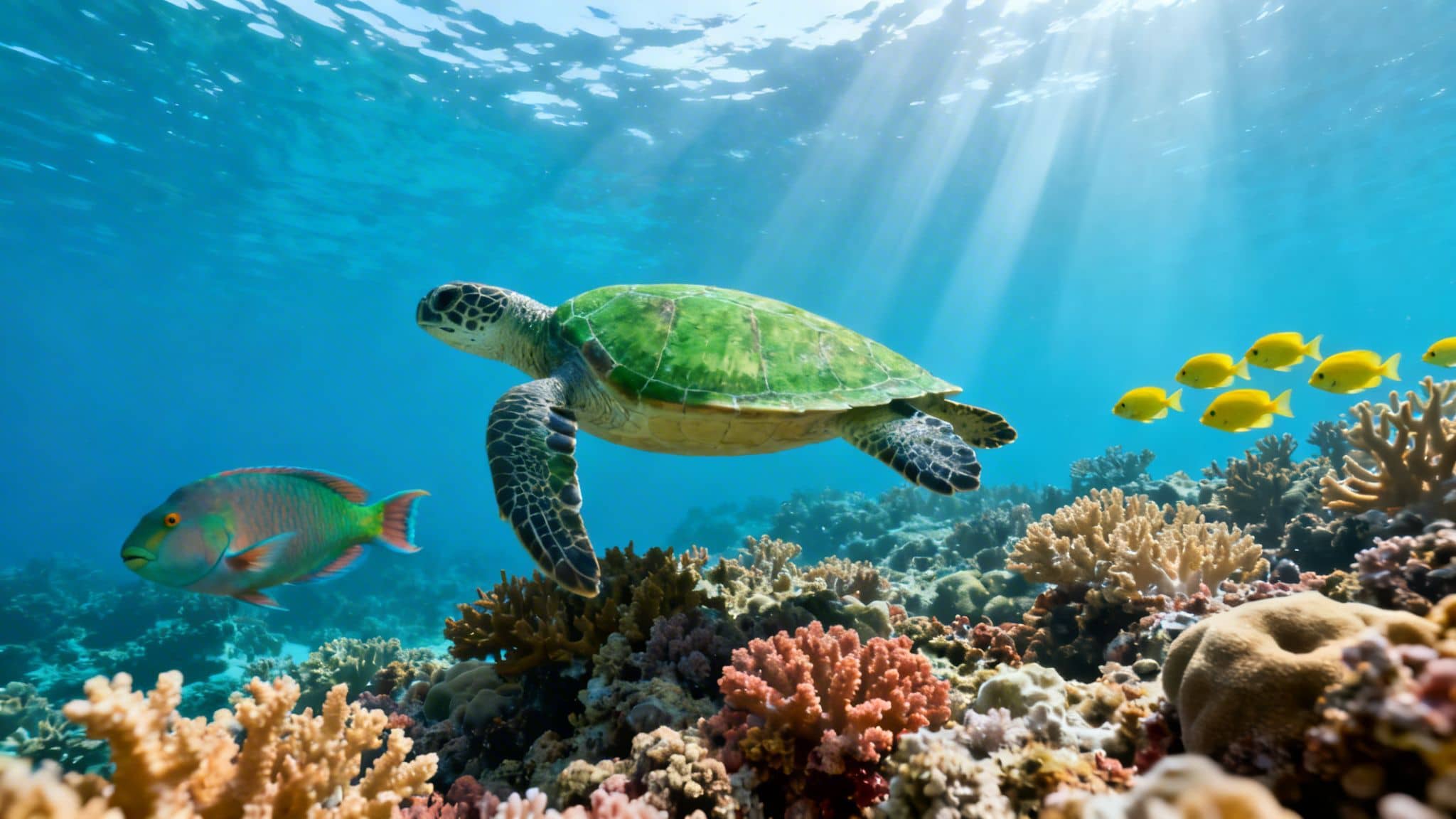 A green sea turtle swims gracefully above a vibrant coral reef with colorful fish and sunbeams.