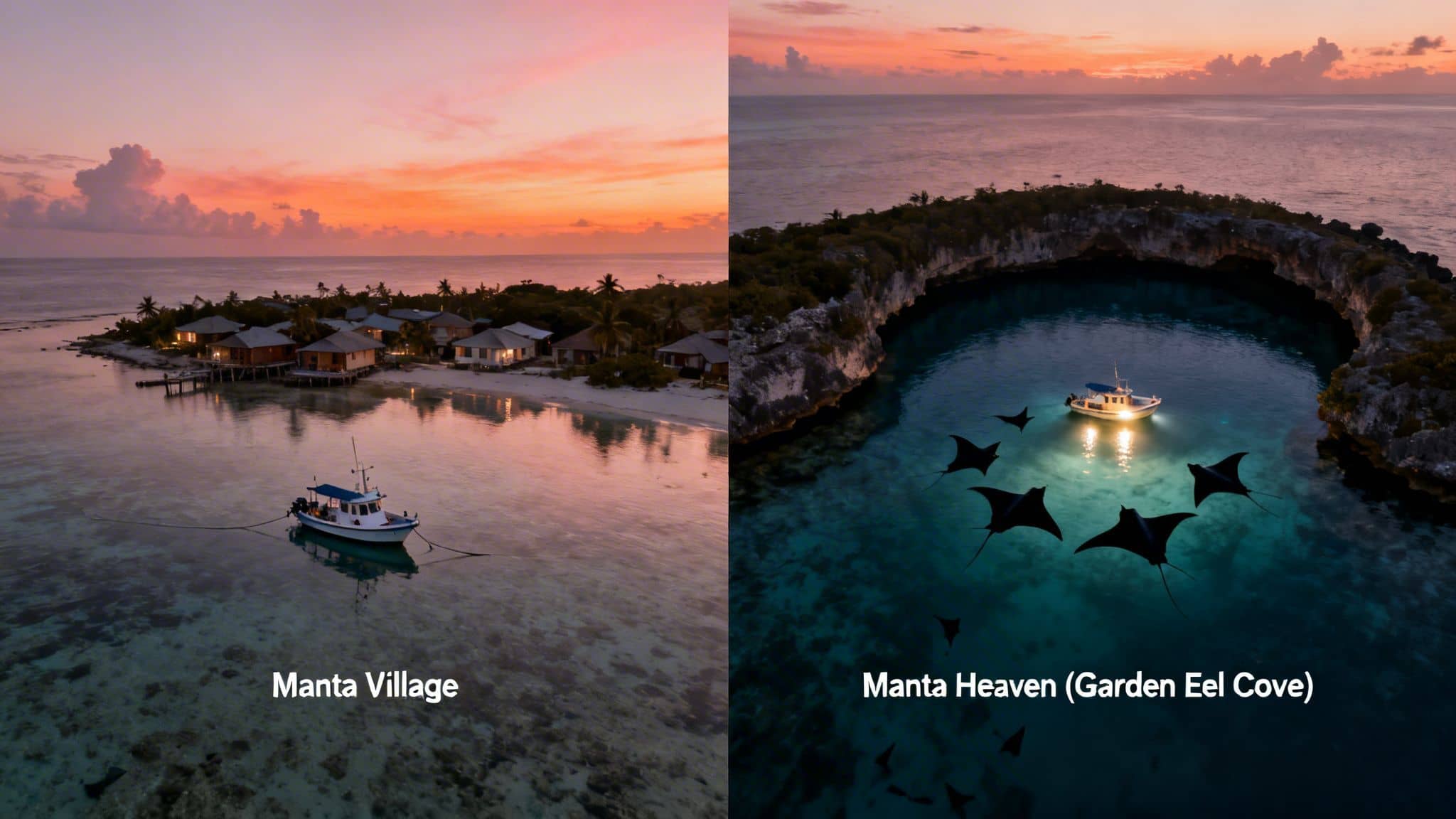 Aerial split view of Manta Village resort and Manta Heaven cove with manta rays at sunset.