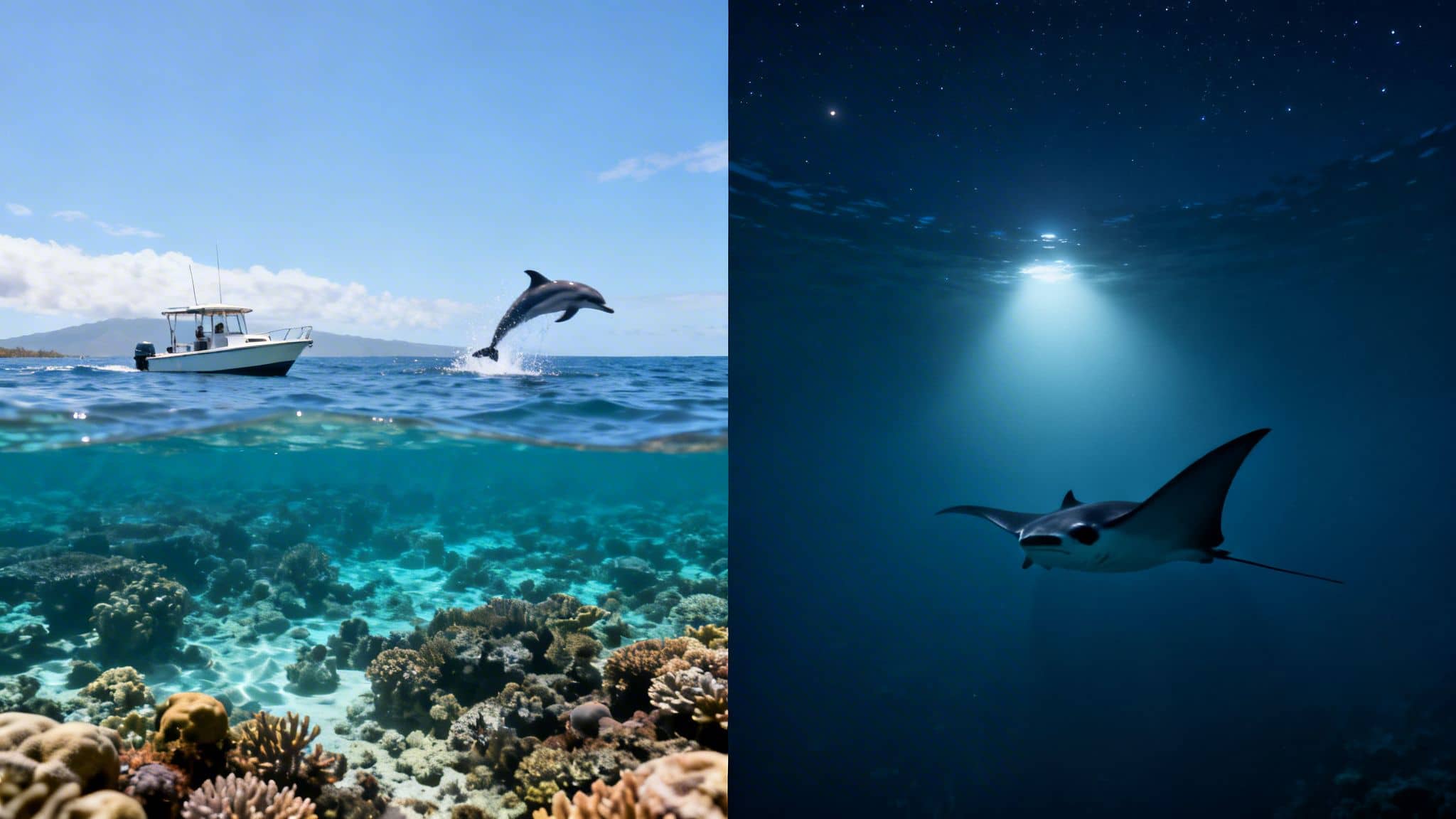 A split image showing a dolphin jumping near a boat over a coral reef, and a manta ray swimming in dark, illuminated water.