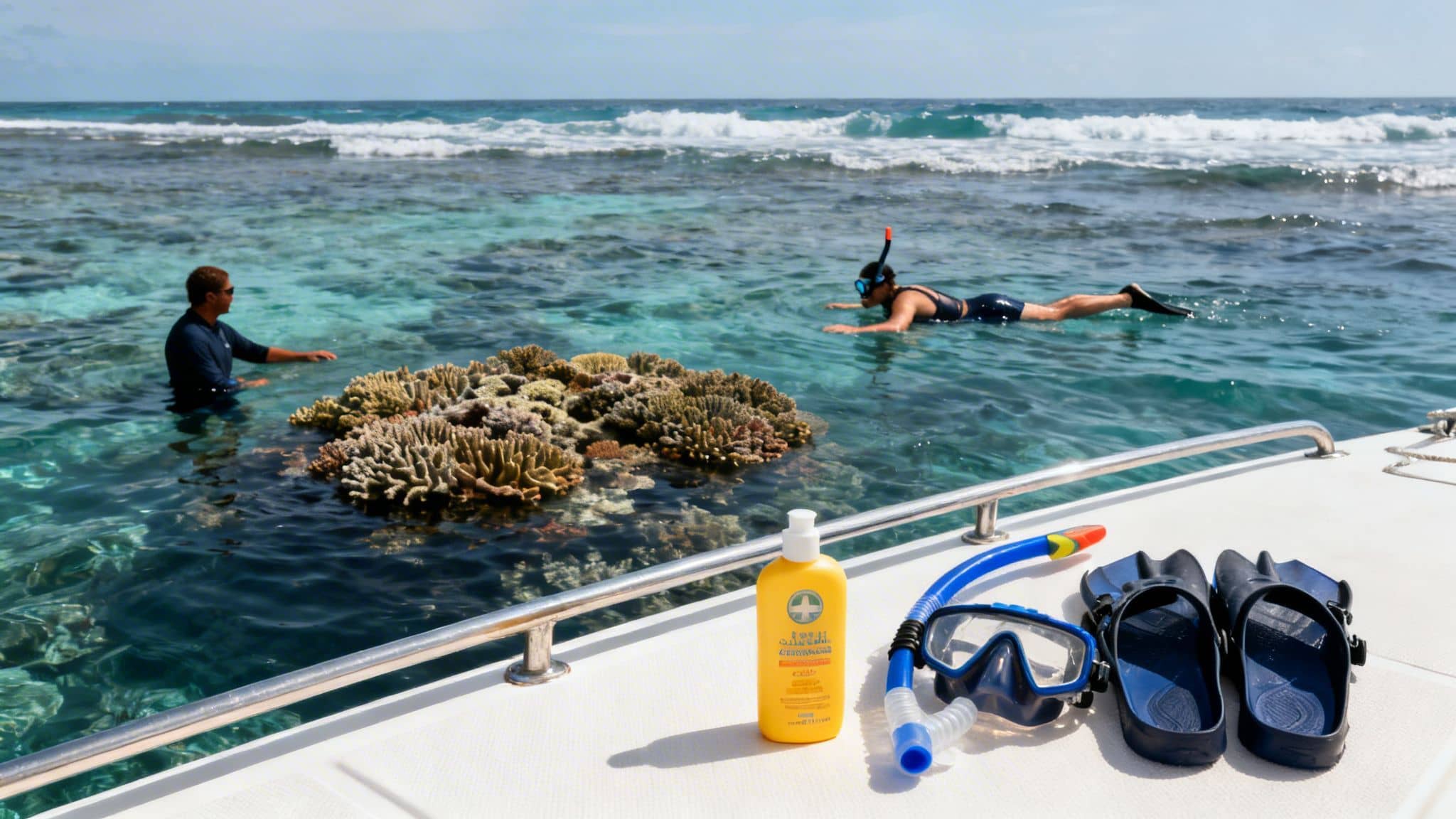 Two people snorkeling near a vibrant coral reef, with gear and sunscreen on a boat.