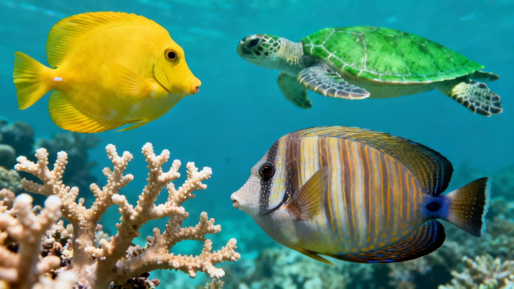 Vibrant underwater scene with yellow fish, striped fish, sea turtle, and coral reef.
