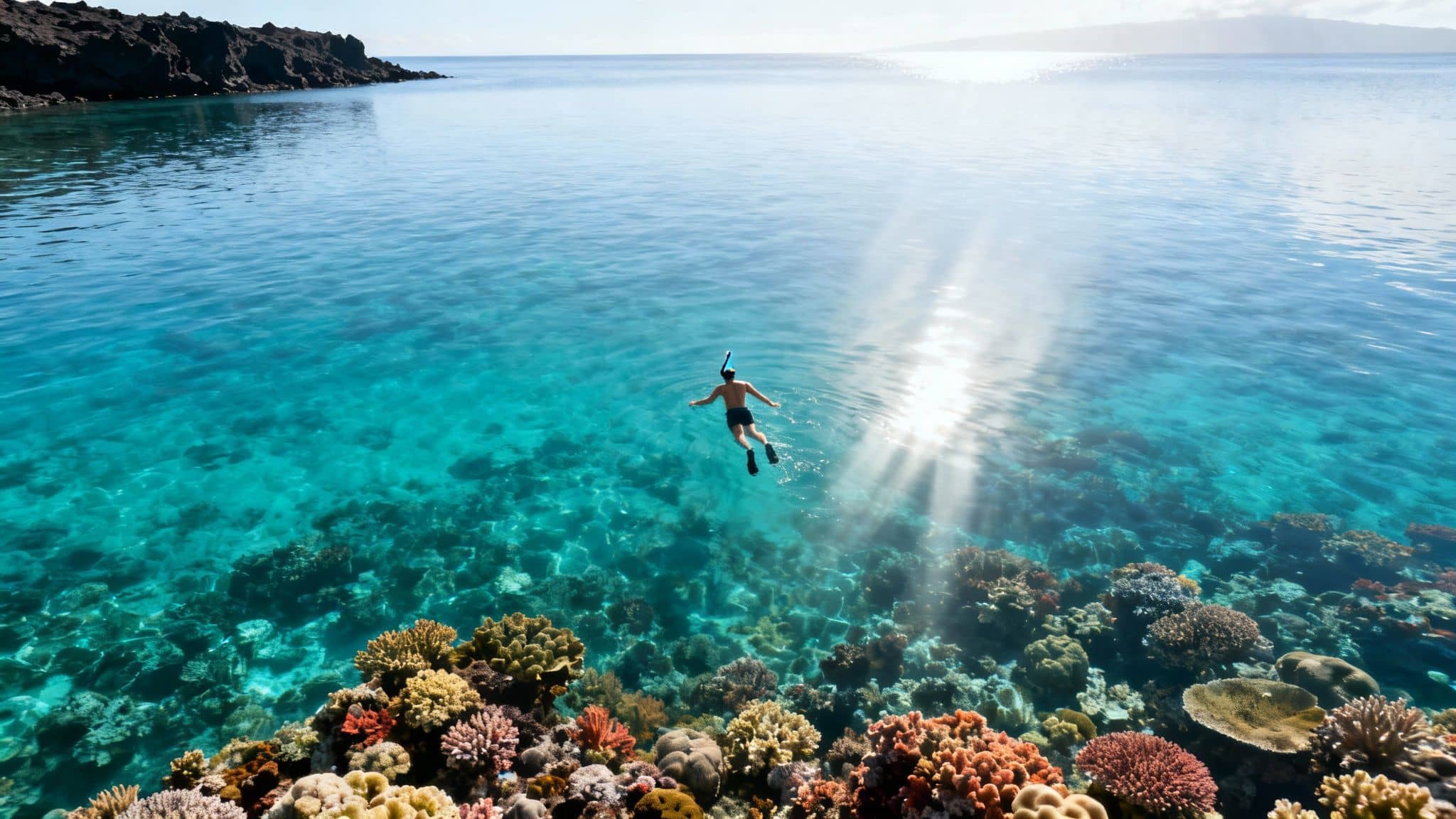 An aerial view of a person snorkeling over a vibrant coral reef in clear blue tropical ocean water.