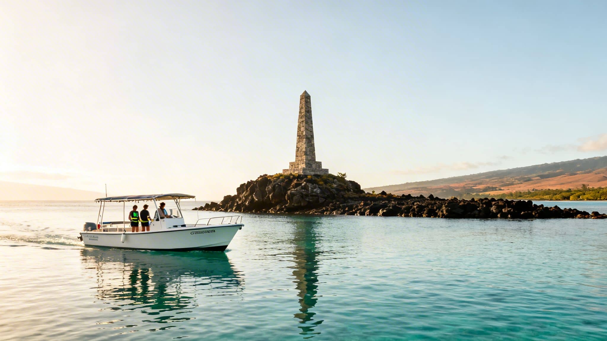 A boat with people on clear blue water approaches the Captain Cook monument on a rocky island under a bright sky.