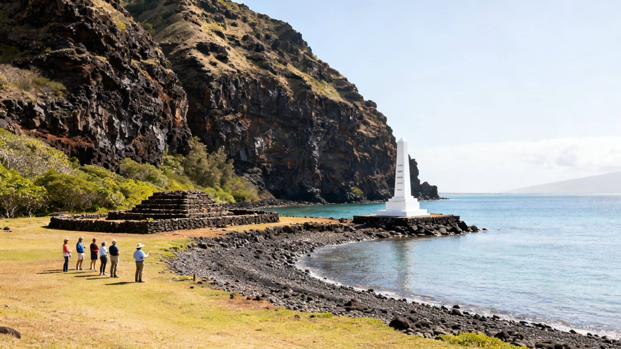 A historic coastal landscape featuring a white obelisk monument, ancient stone structures, and a group of people.