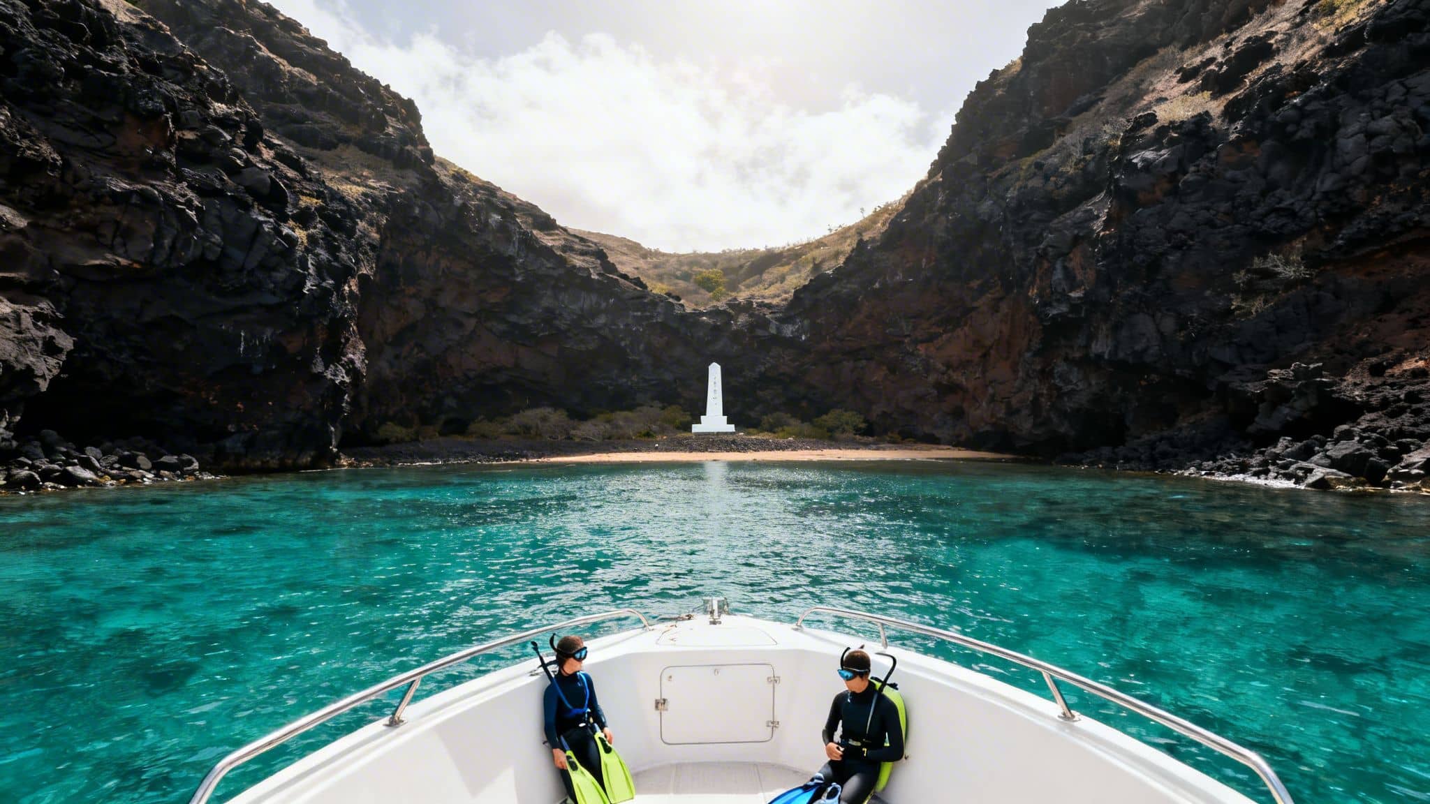 Two snorkelers on a boat approaching a secluded beach with a white monument and dark cliffs.