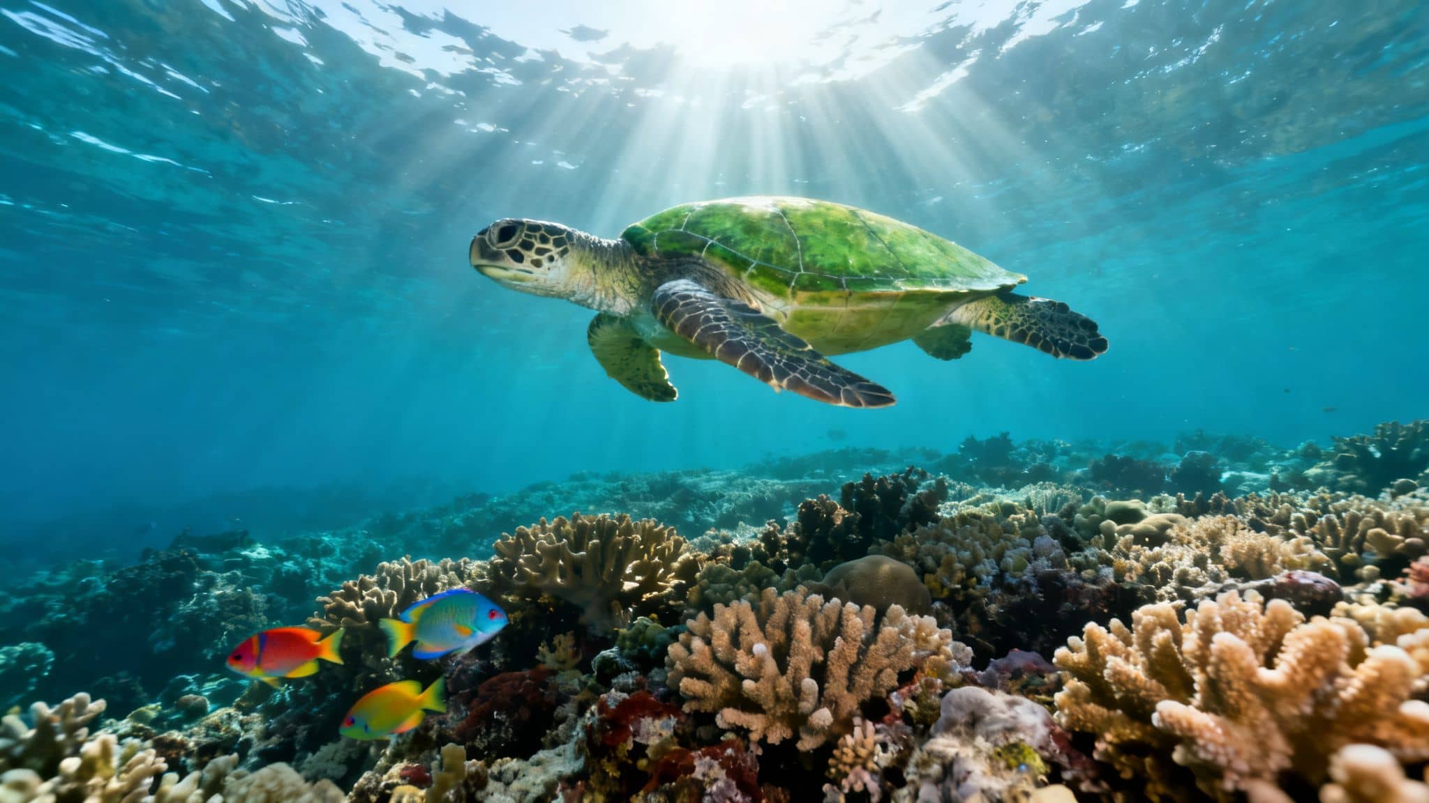 A majestic sea turtle swims gracefully above a colorful coral reef, bathed in sun rays.