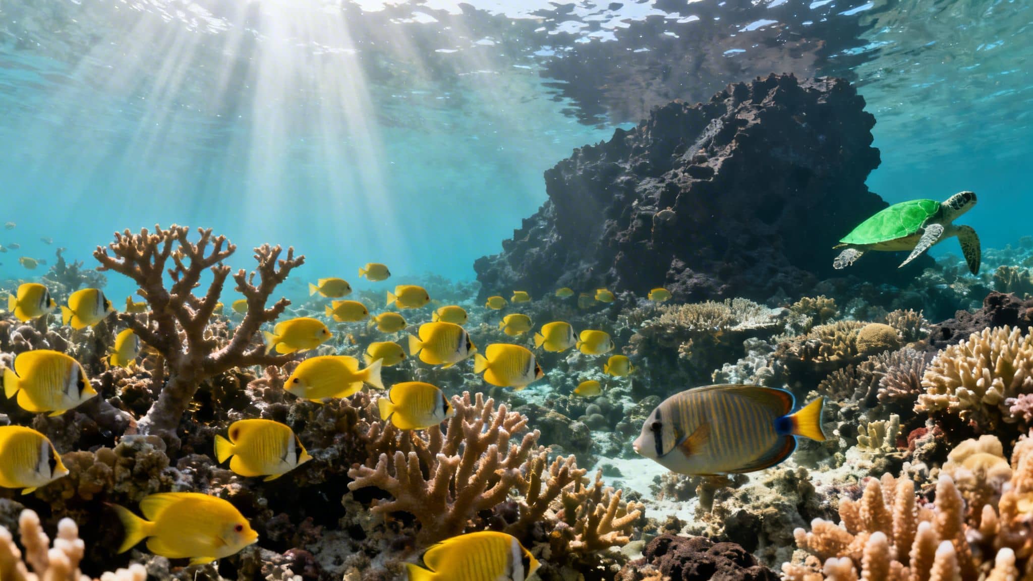 Underwater scene with a green sea turtle, yellow fish, and coral reefs bathed in sun rays.