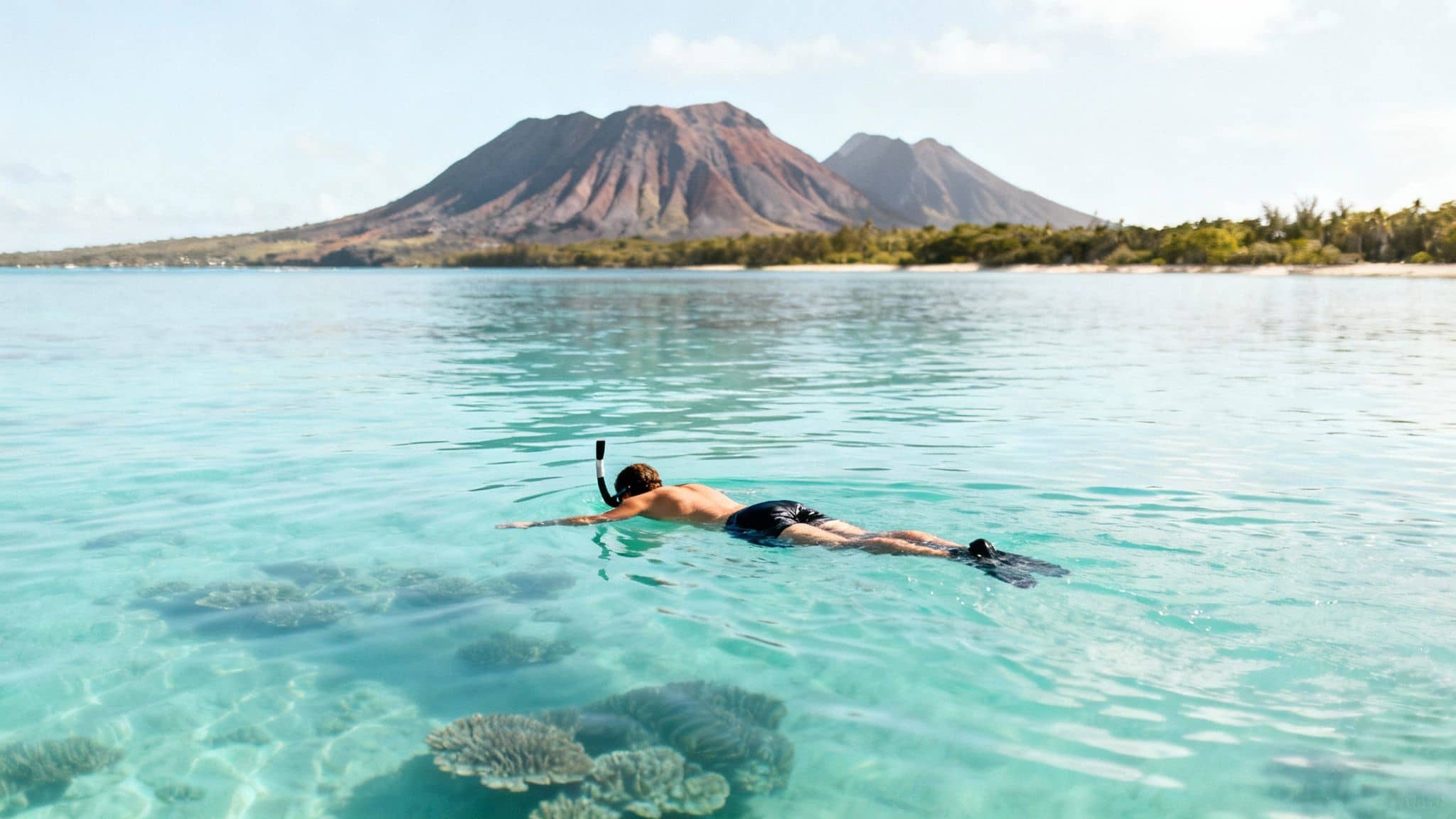 Man snorkeling in clear turquoise water over coral reefs, with scenic mountains in the background.