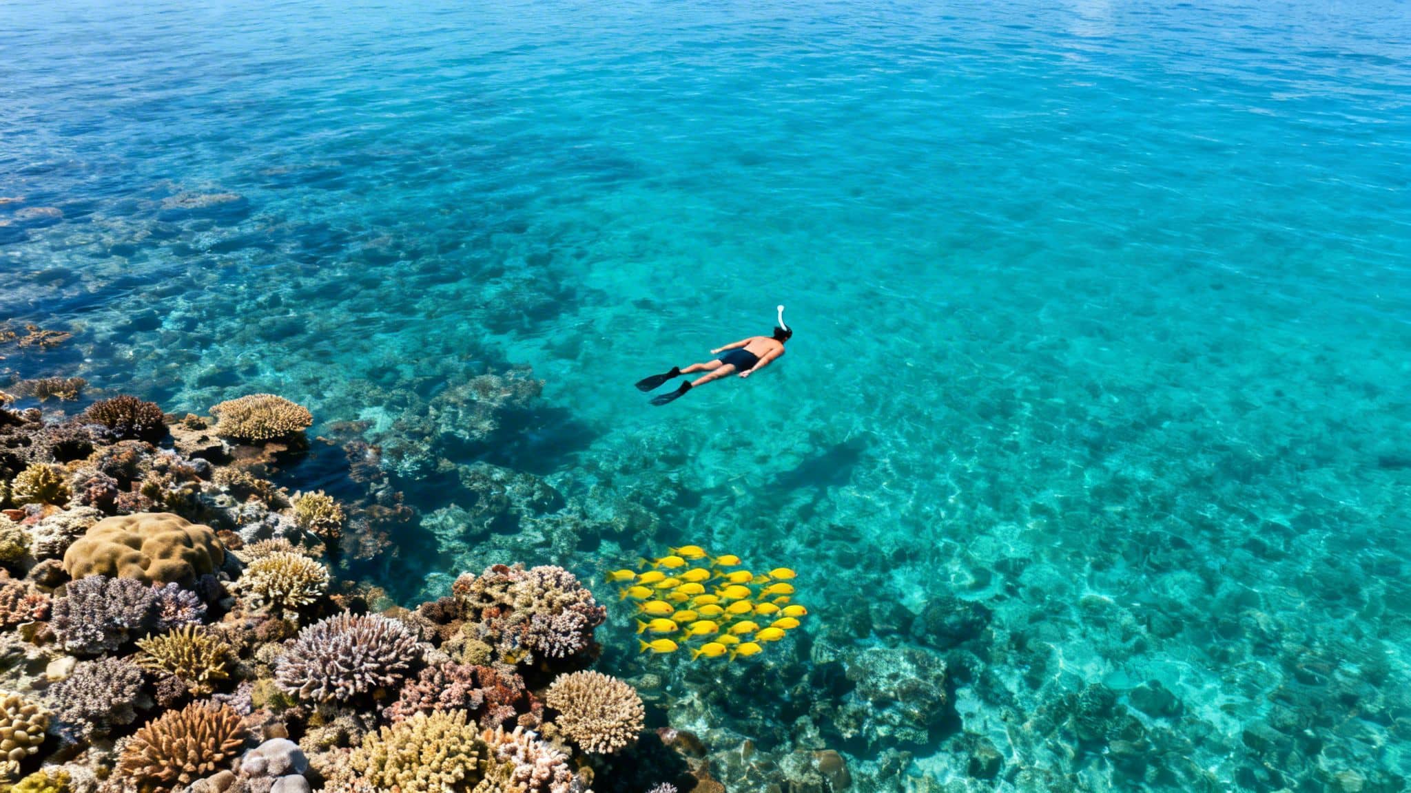 A snorkeler explores a vibrant coral reef in clear blue ocean water with a school of yellow fish.