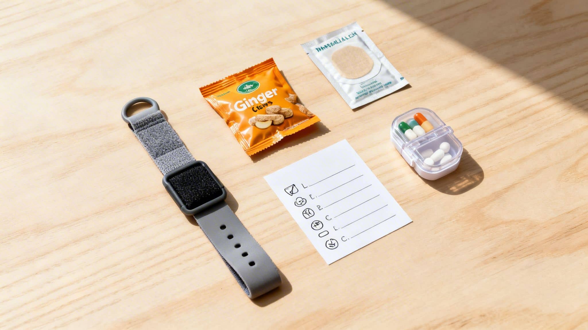 A flat lay of travel essentials: a gray acupressure wristband, ginger chews, a bandage, pills, and a checklist on wood.