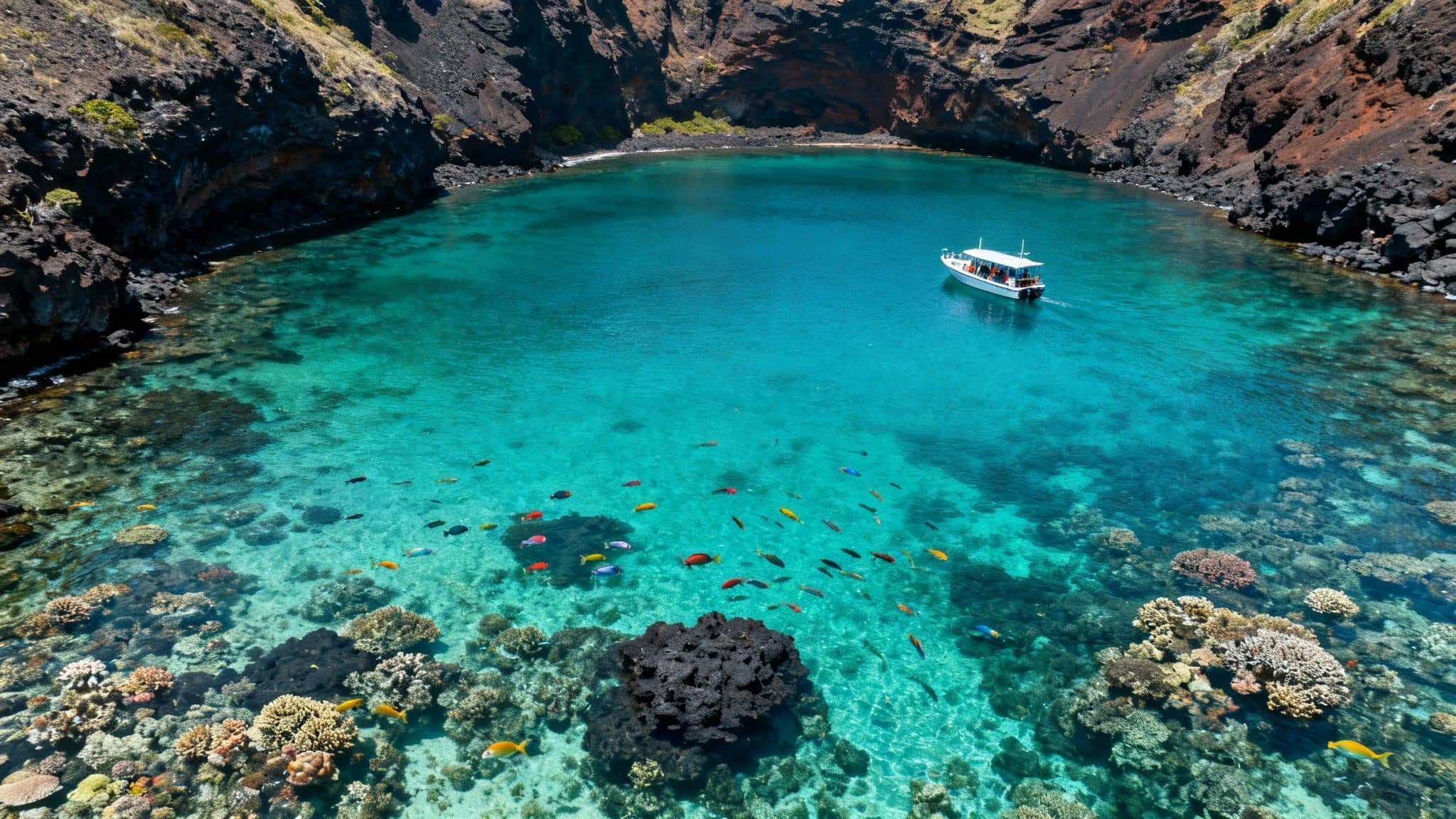 Clear turquoise water in a bay with a boat, colorful fish, and abundant coral reef.