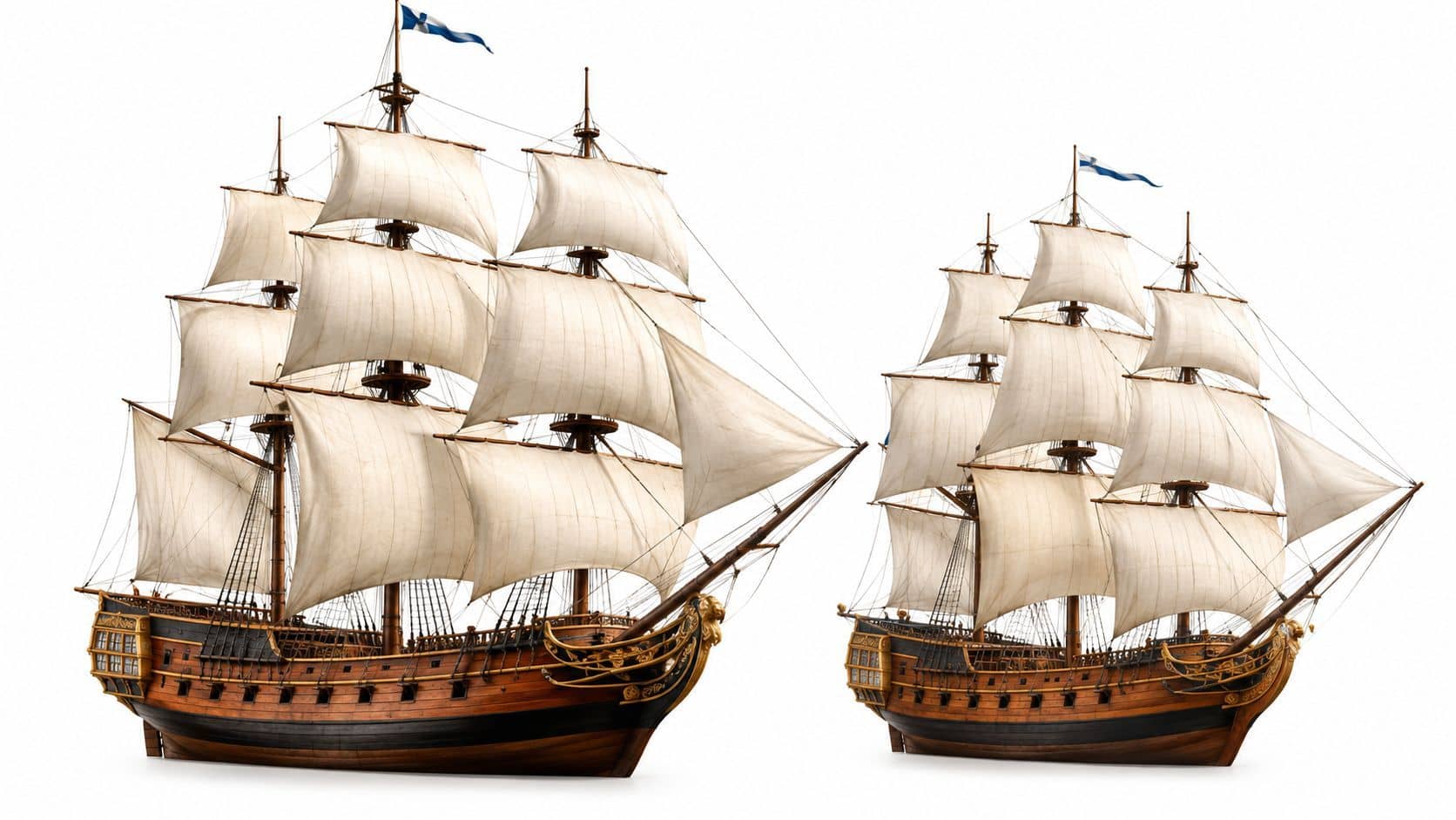 Two majestic wooden tall ships sailing with white canvas sails against a clean white background