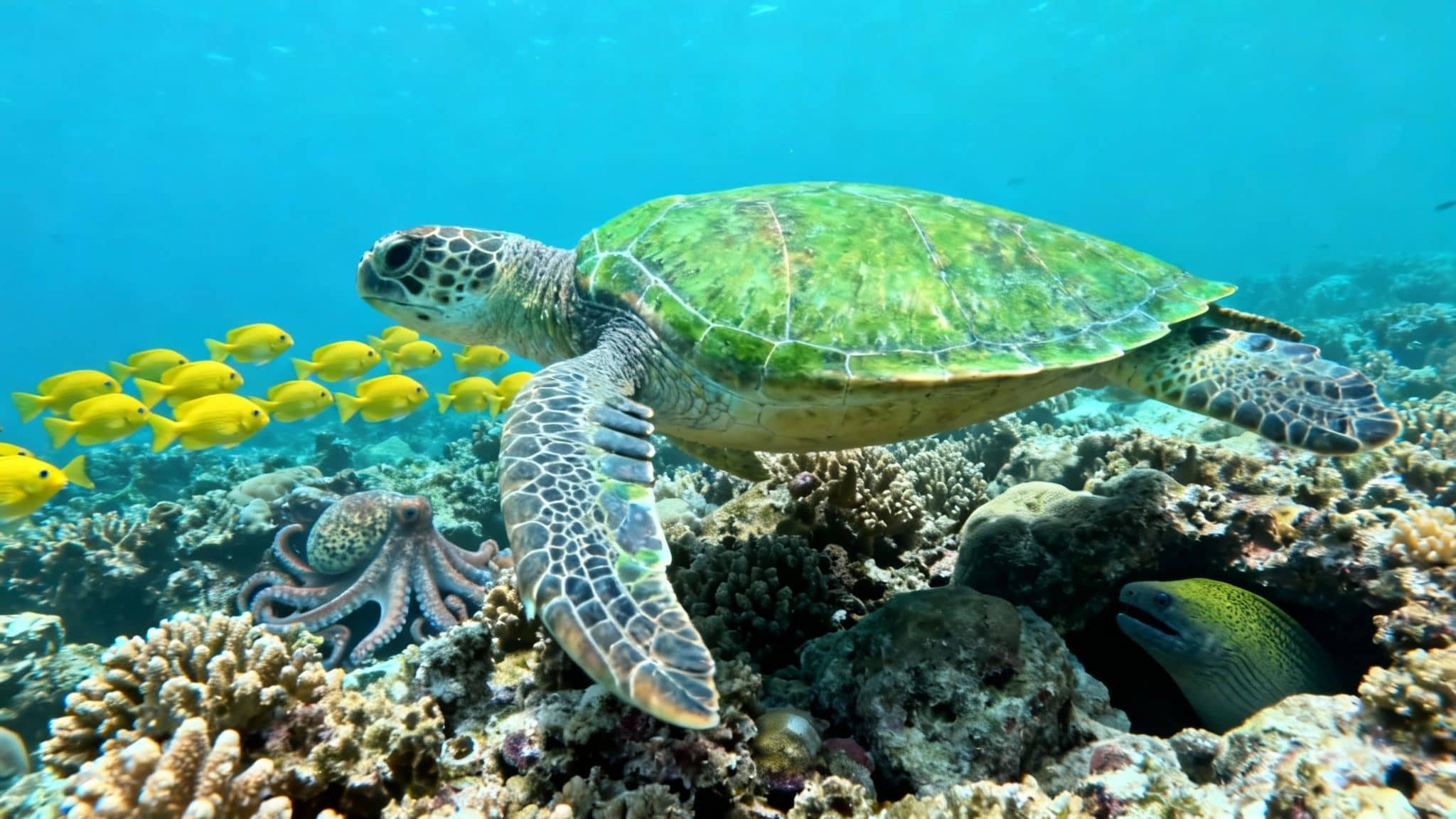 A sea turtle, octopus, and moray eel inhabit a vibrant coral reef, with yellow fish swimming nearby.