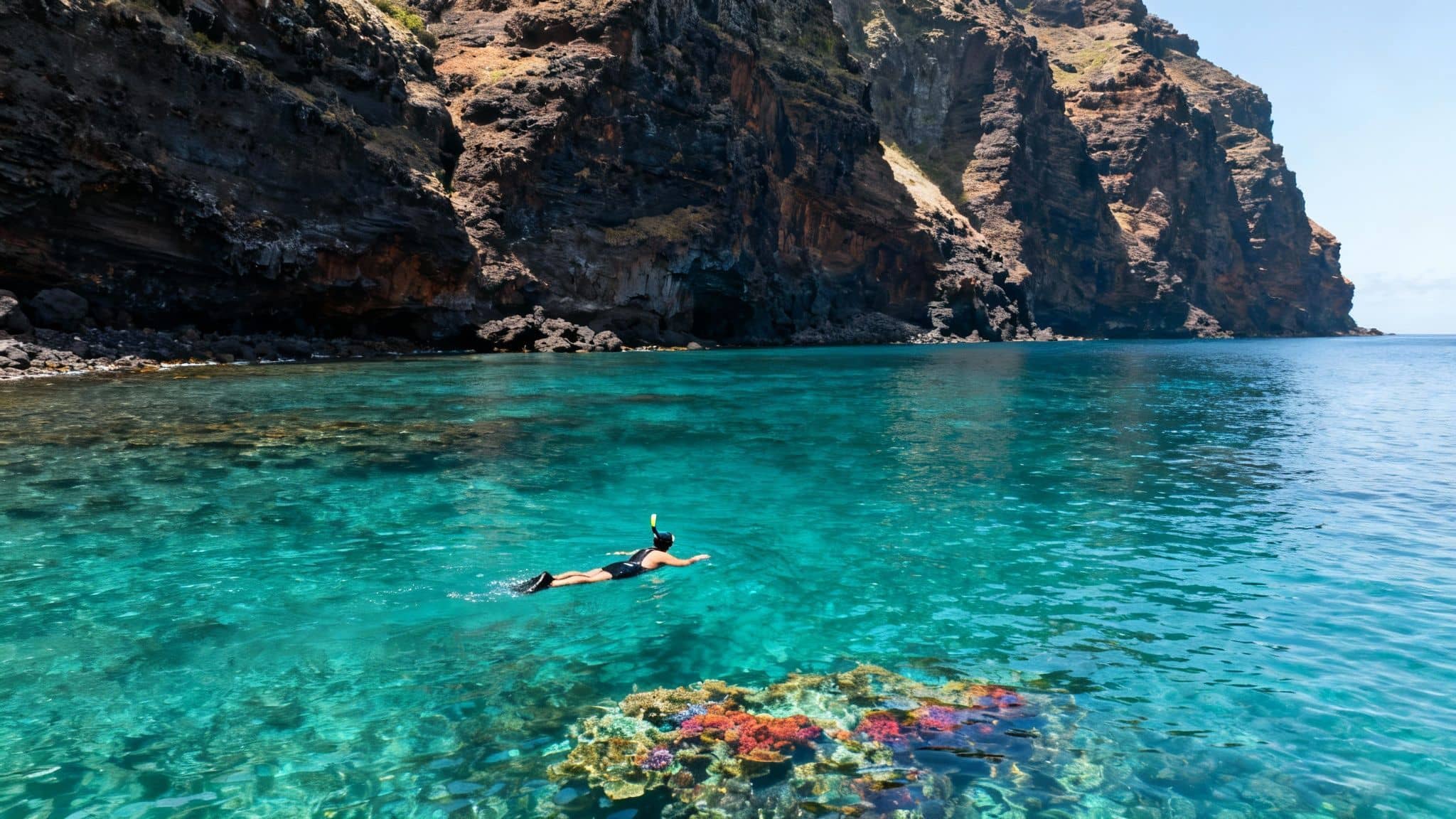A person snorkeling in crystal clear blue water over a colorful coral reef near dark ocean cliffs.