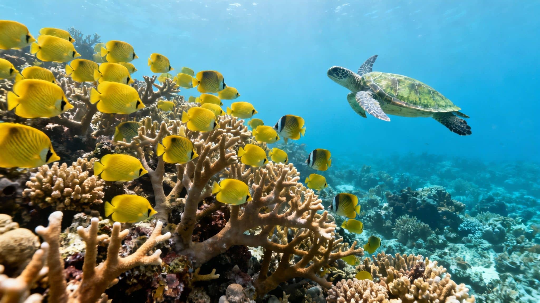 A green sea turtle swims gracefully above a vibrant coral reef, surrounded by a school of yellow fish.