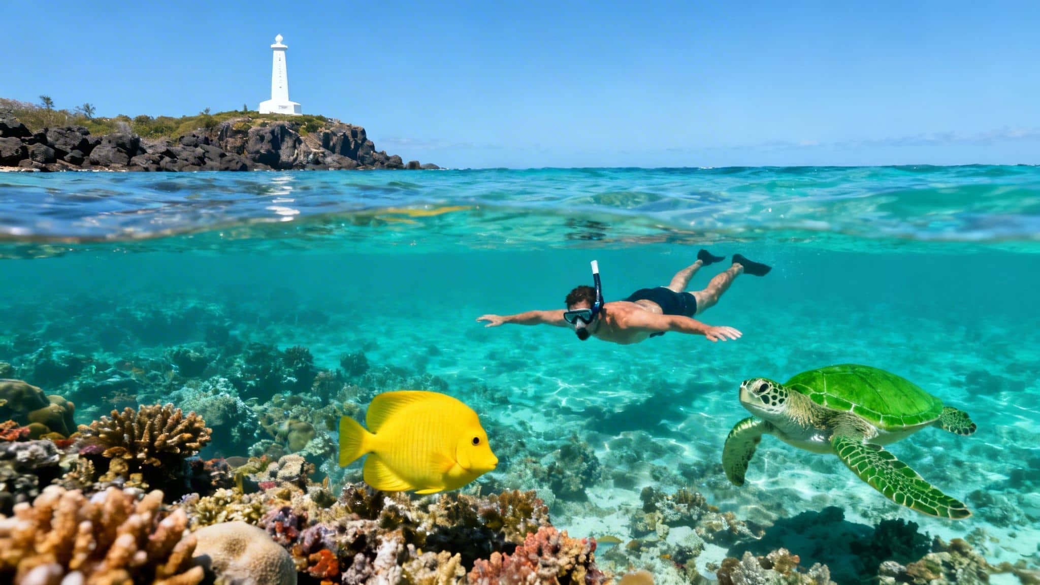 Man snorkeling with a sea turtle, yellow fish, and coral reef, with a lighthouse island above water.