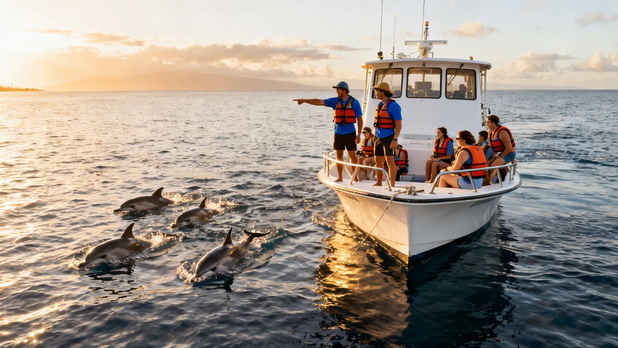 A group of people on a boat pointing at dolphins swimming in the ocean at sunset.