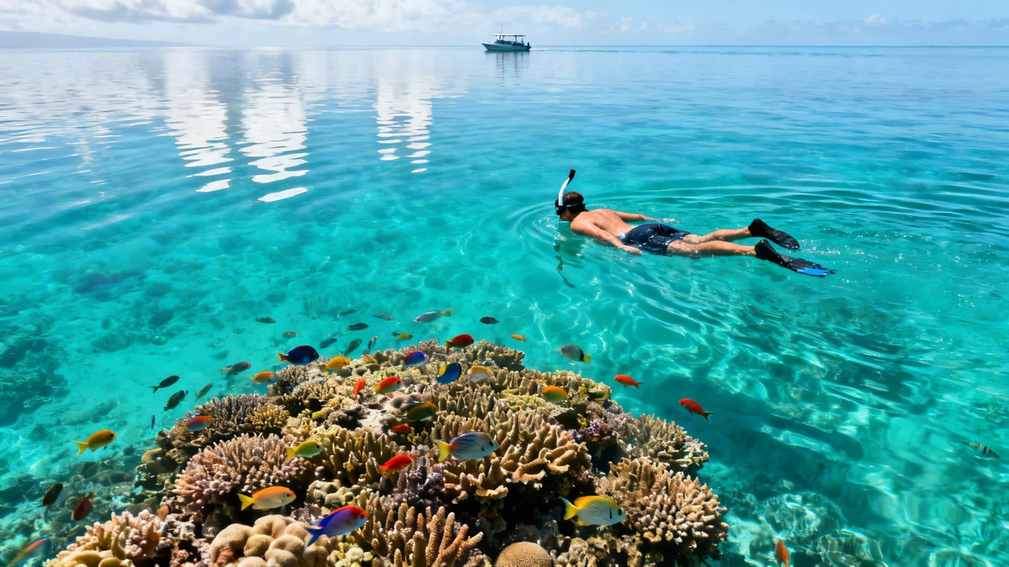 Man snorkeling over a vibrant coral reef teeming with colorful fish in clear turquoise water.