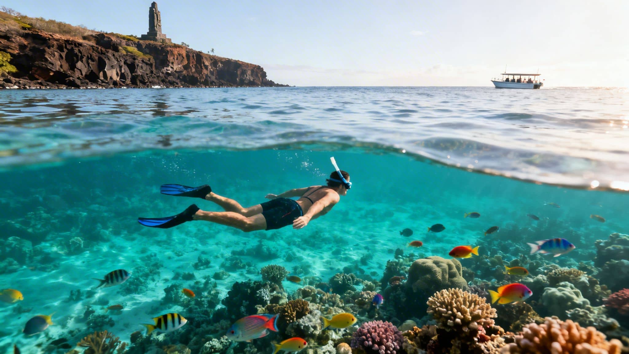 A snorkeler explores a vibrant underwater coral reef with colorful fish near the Captain Cook Monument.