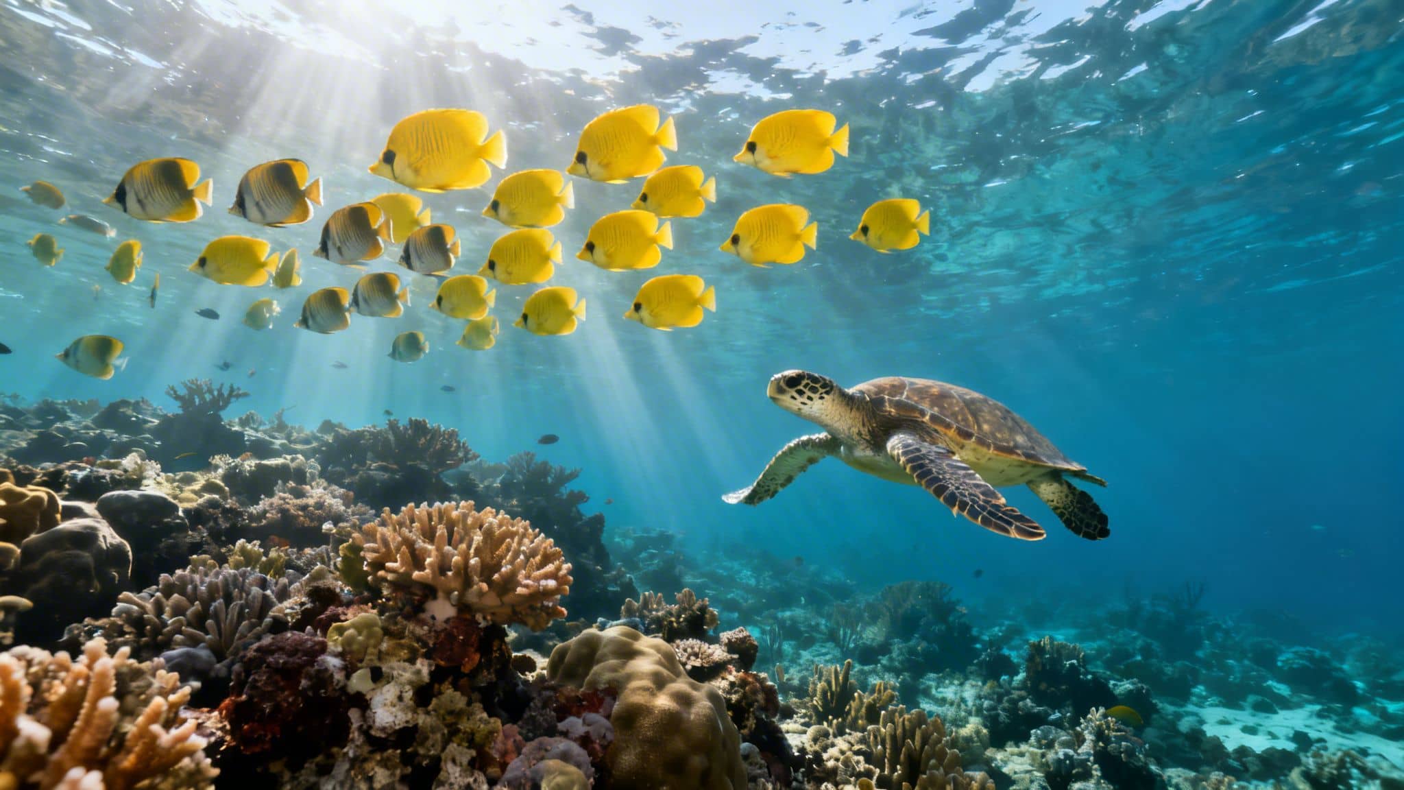 Underwater scene with a sea turtle, yellow fish, and vibrant coral reef bathed in sunbeams.