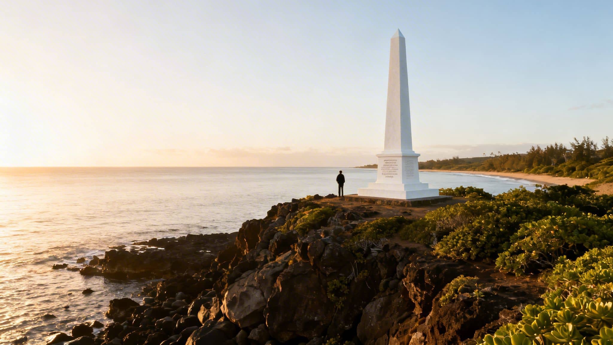 A person stands by a white obelisk on a rocky cliff, overlooking the golden ocean at sunset.