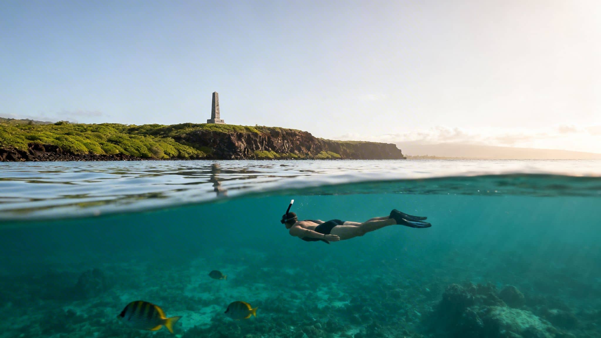 Split view of a person snorkeling among fish in clear blue water, with a coastal monument above.