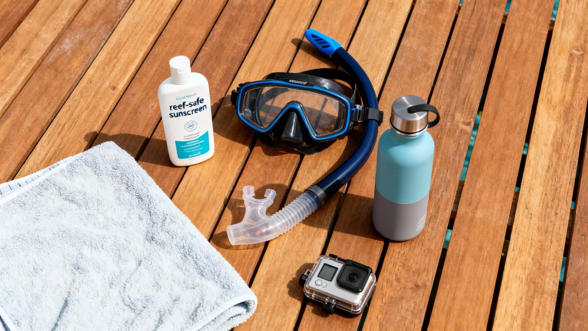 Snorkeling gear, reef-safe sunscreen, a water bottle, and a towel laid out on a wooden deck.