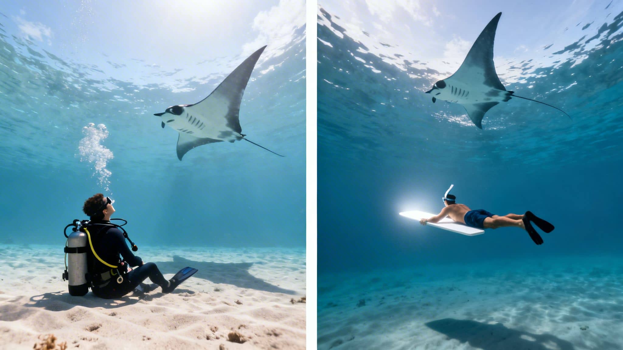 Underwater view of a scuba diver and a snorkeler encountering majestic manta rays.