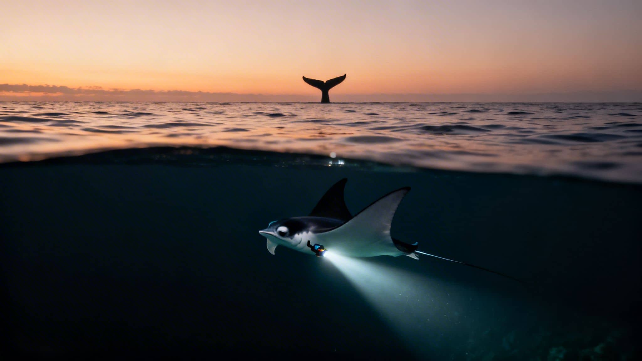 Over-under shot of a manta ray with light underwater and a whale tail at sunset.