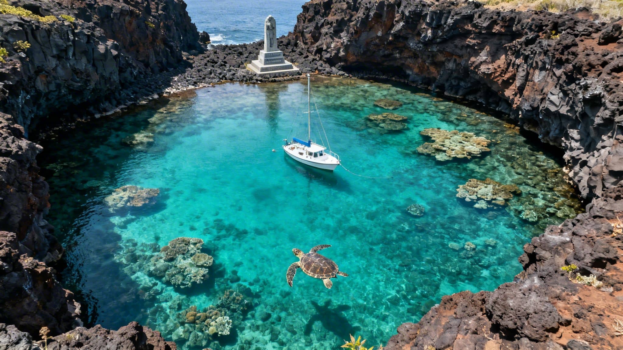 Aerial view of a sea turtle and sailboat in a clear blue volcanic lagoon with coral reefs.