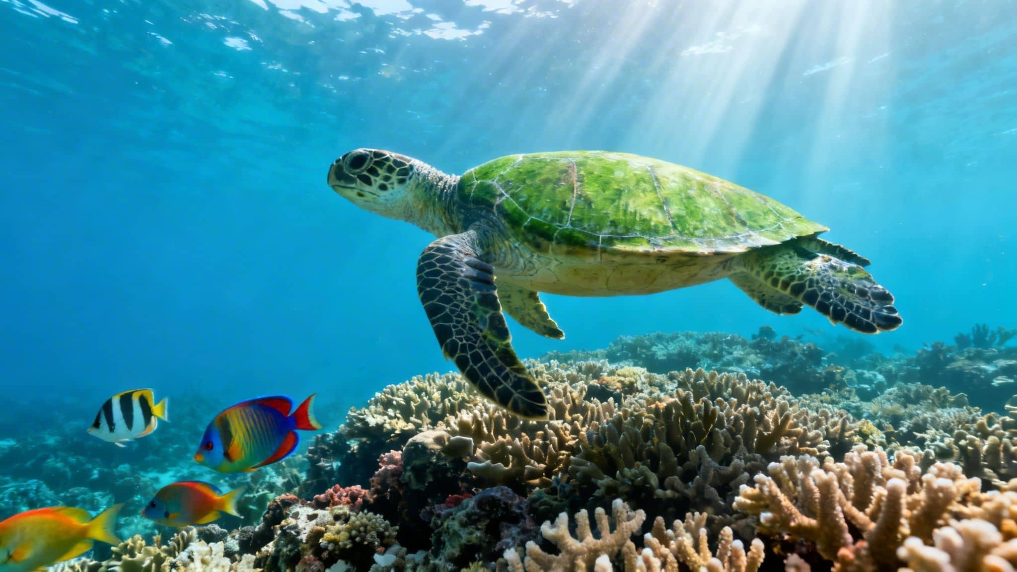 A vibrant green sea turtle gracefully swims above a colorful coral reef with tropical fish and sun rays.