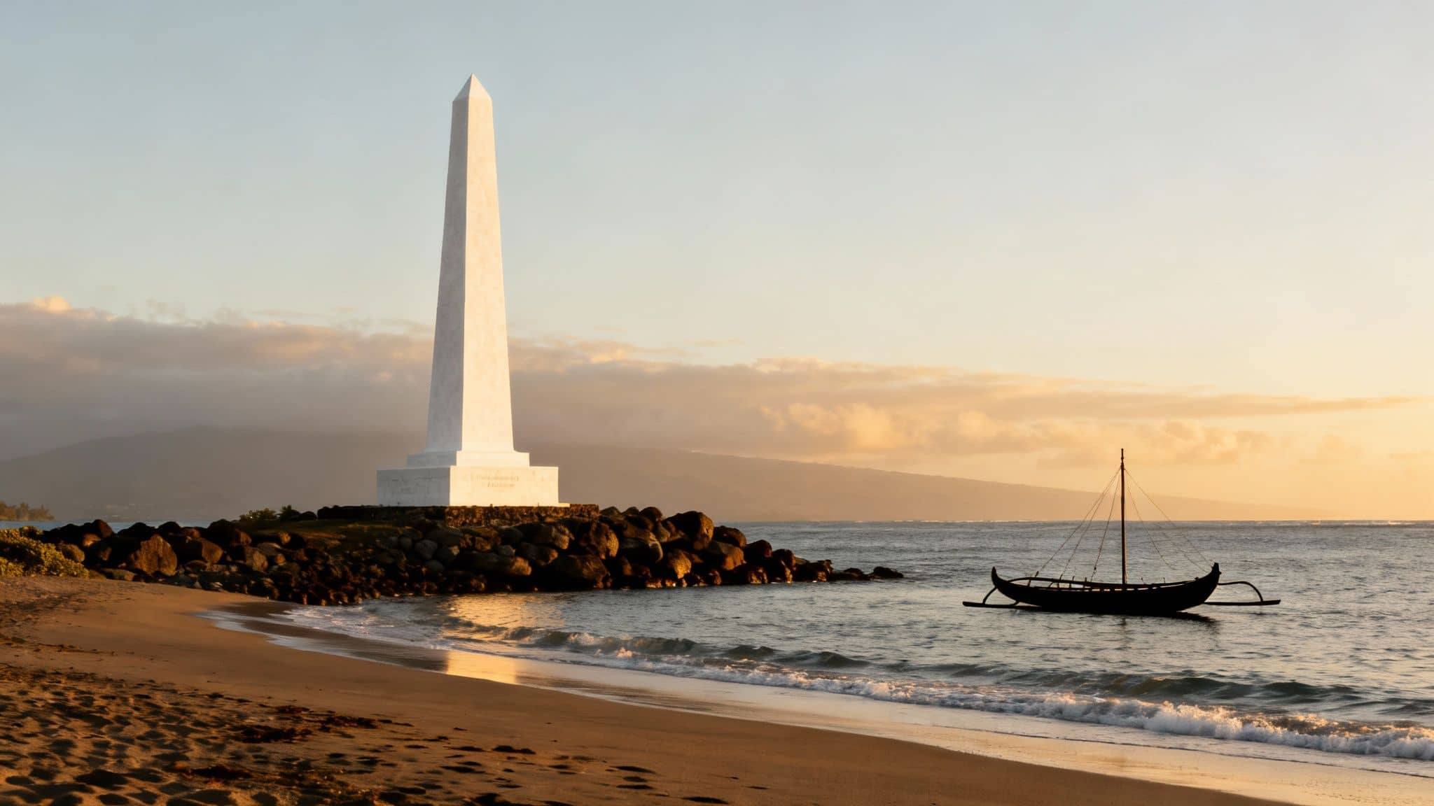 A white obelisk monument stands on a rocky shore next to a traditional boat on calm ocean water.