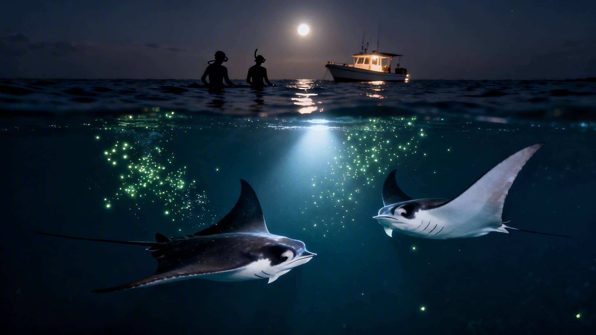Nighttime split shot showing snorkellers, a boat, and full moon above; manta rays and glowing plankton below.