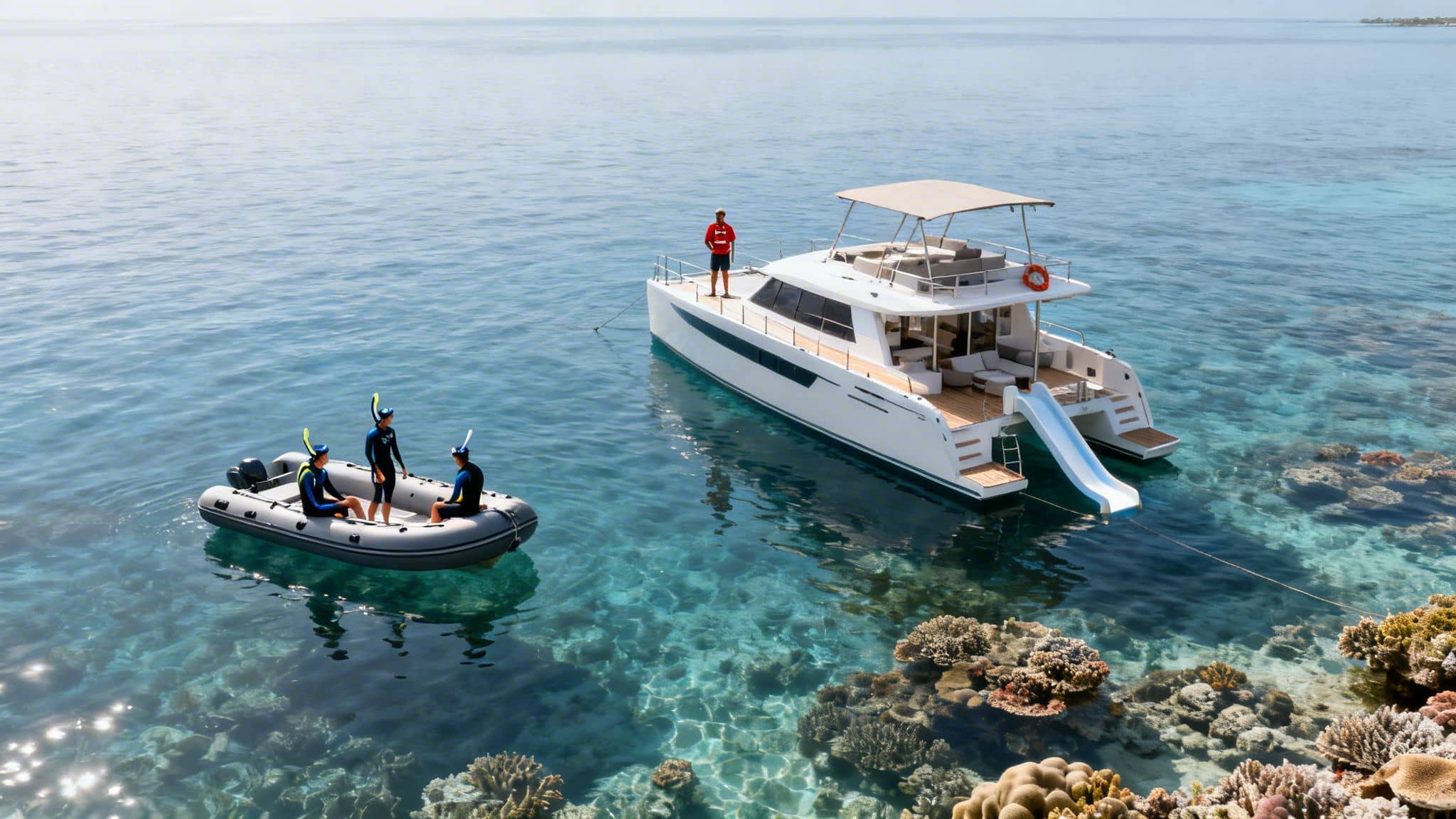 A white catamaran with a water slide and an inflatable boat with three snorkelers in clear turquoise water over coral reefs.