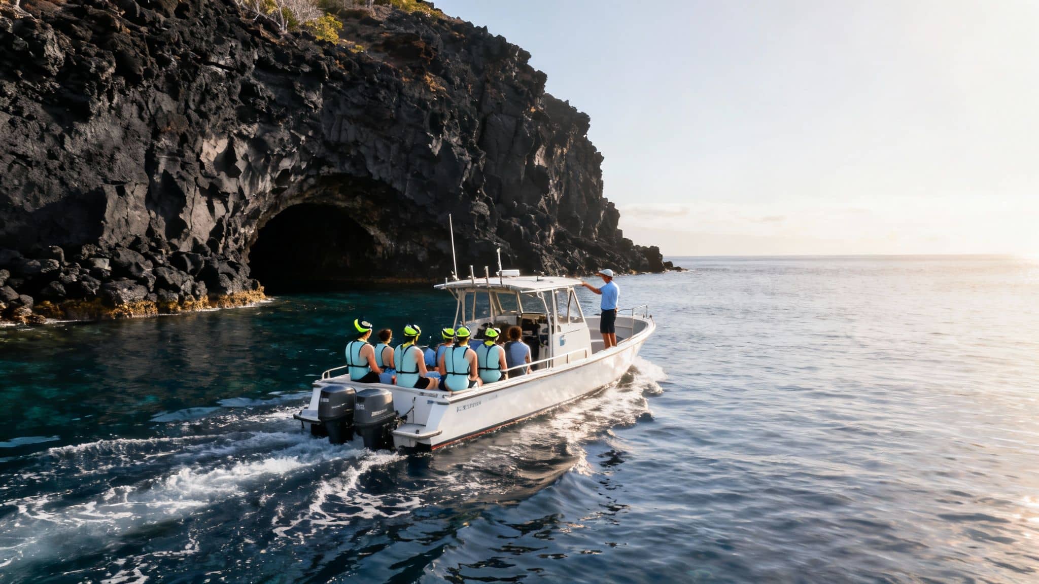 A white boat with snorkelers and a guide approaches a dark sea cave on a rugged coastline.