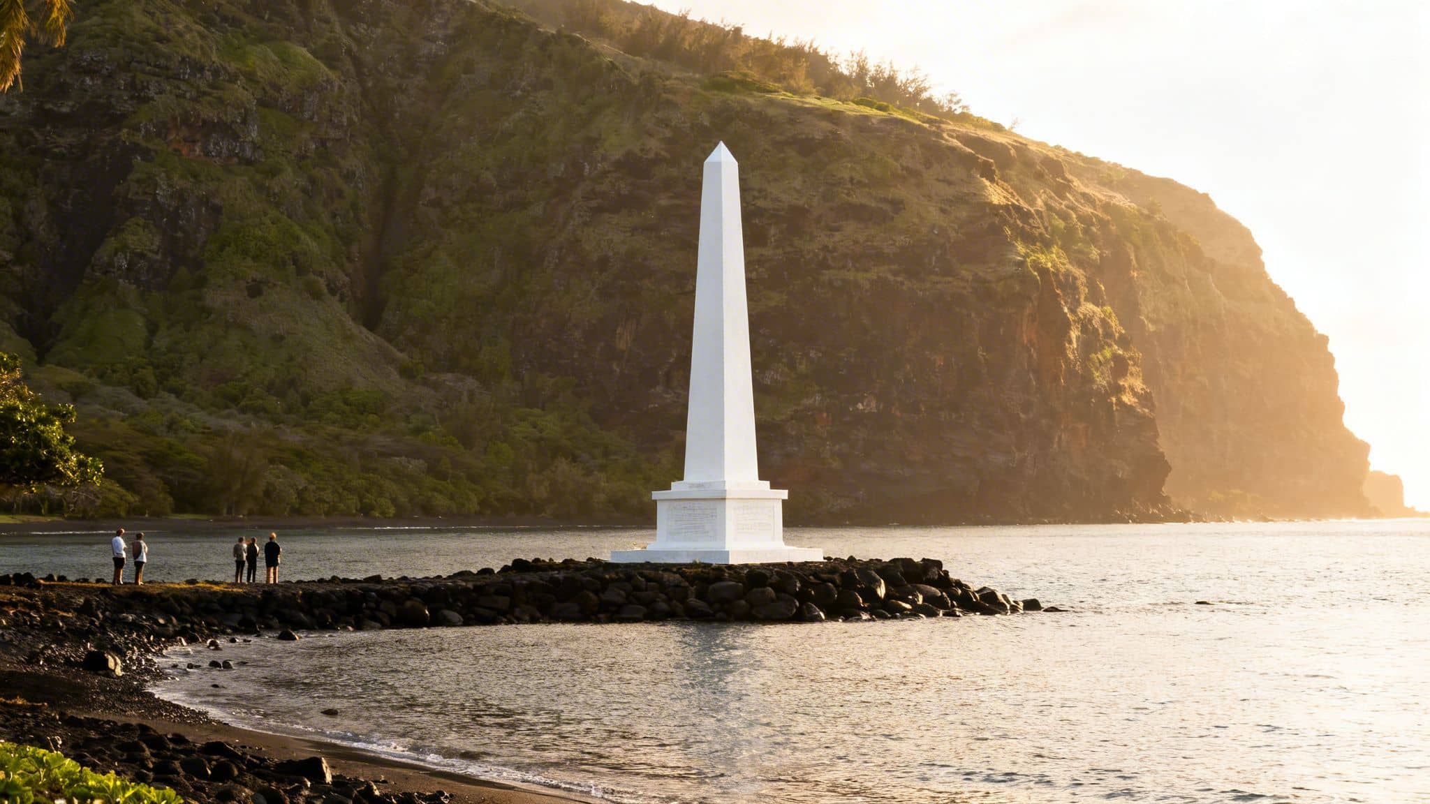 A tall white monument on a rocky shore with people, lush green mountains, and sunlit water.