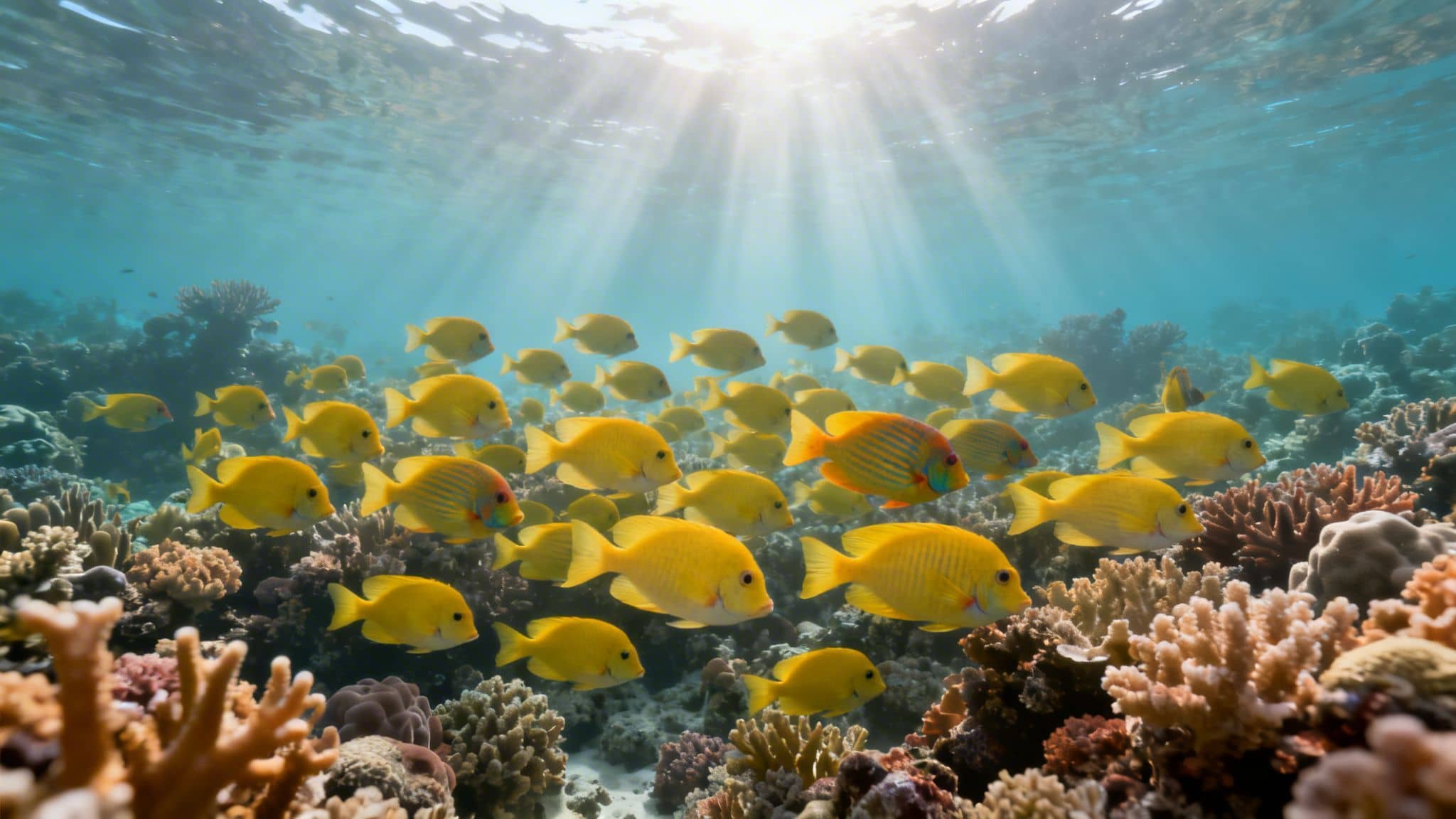 Underwater scene with numerous yellow fish swimming among colorful coral reefs under sun rays.