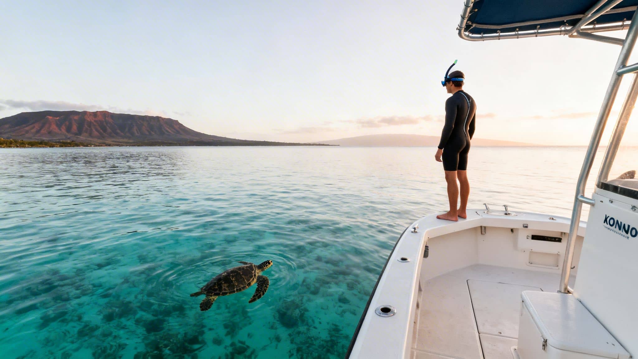 A man in a wetsuit on a boat watching a sea turtle in clear ocean water.