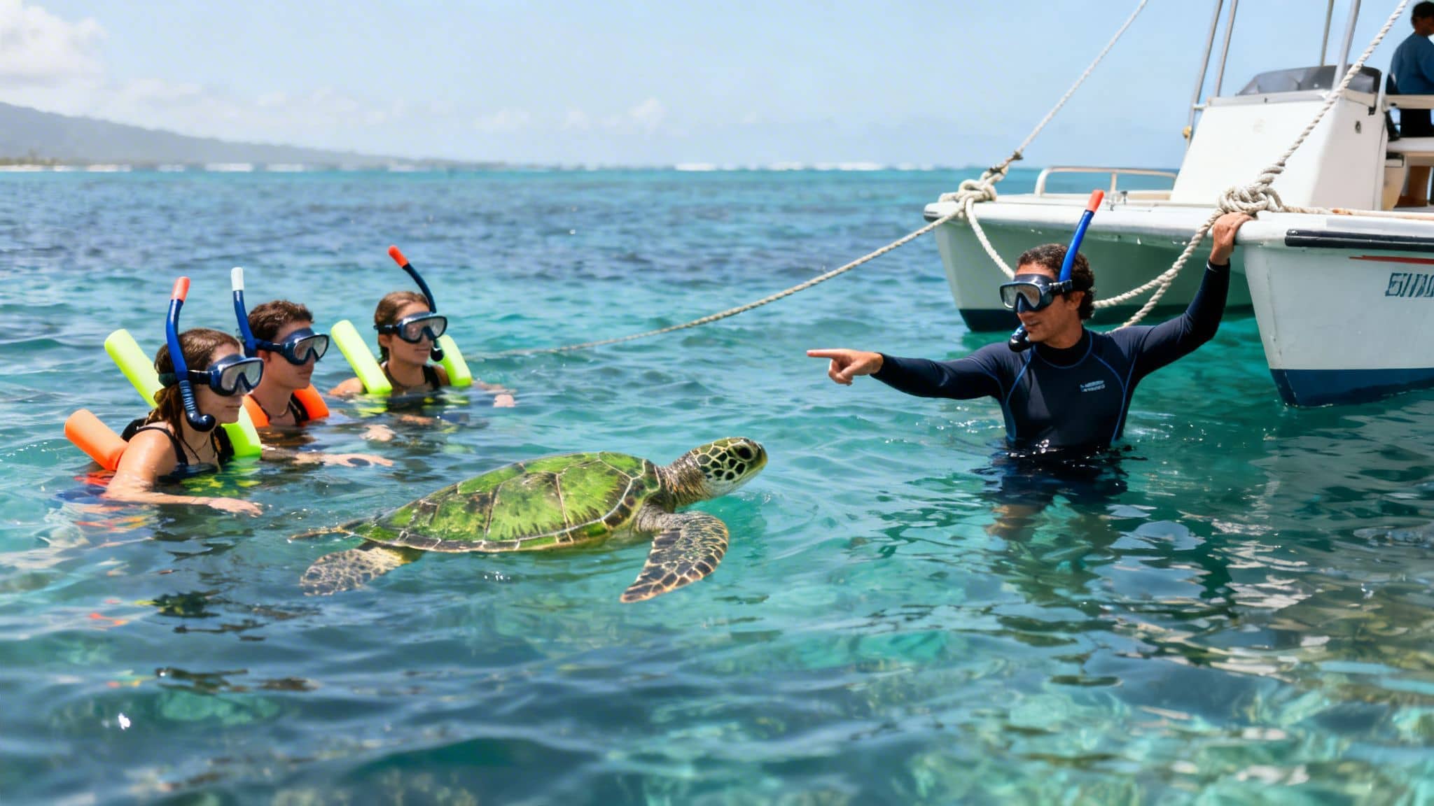 Snorkelers with a guide observe a green sea turtle in crystal-clear ocean water near a boat.
