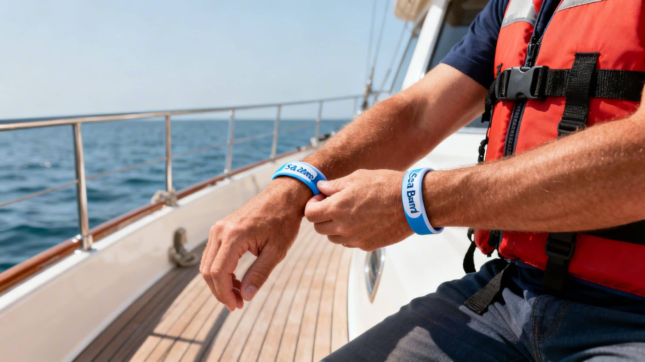 A man on a boat adjusts his blue Sea Band wristbands while wearing a red life vest.