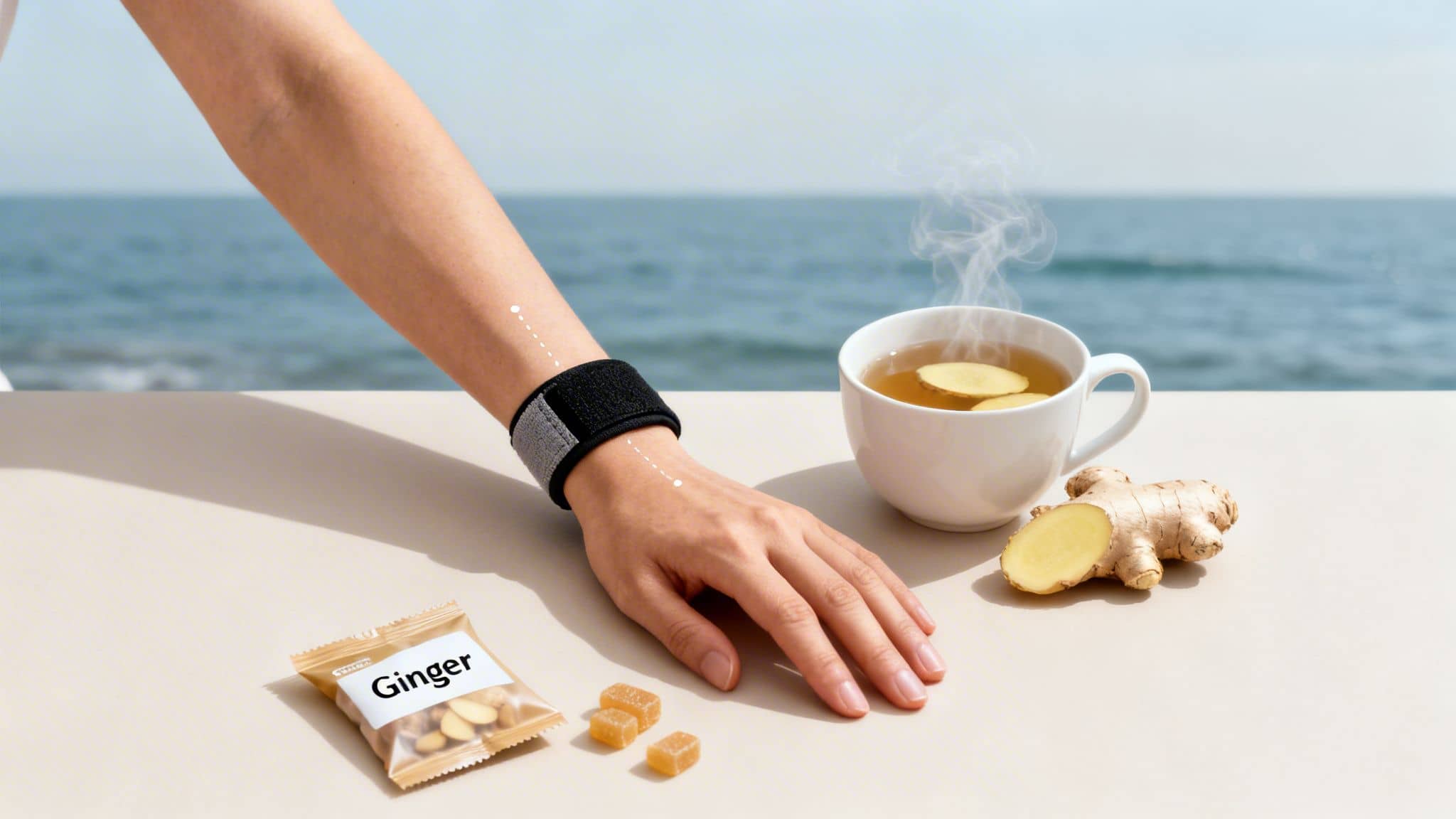 A person wears a wristband, enjoying a cup of steaming ginger tea and ginger snacks by the ocean.